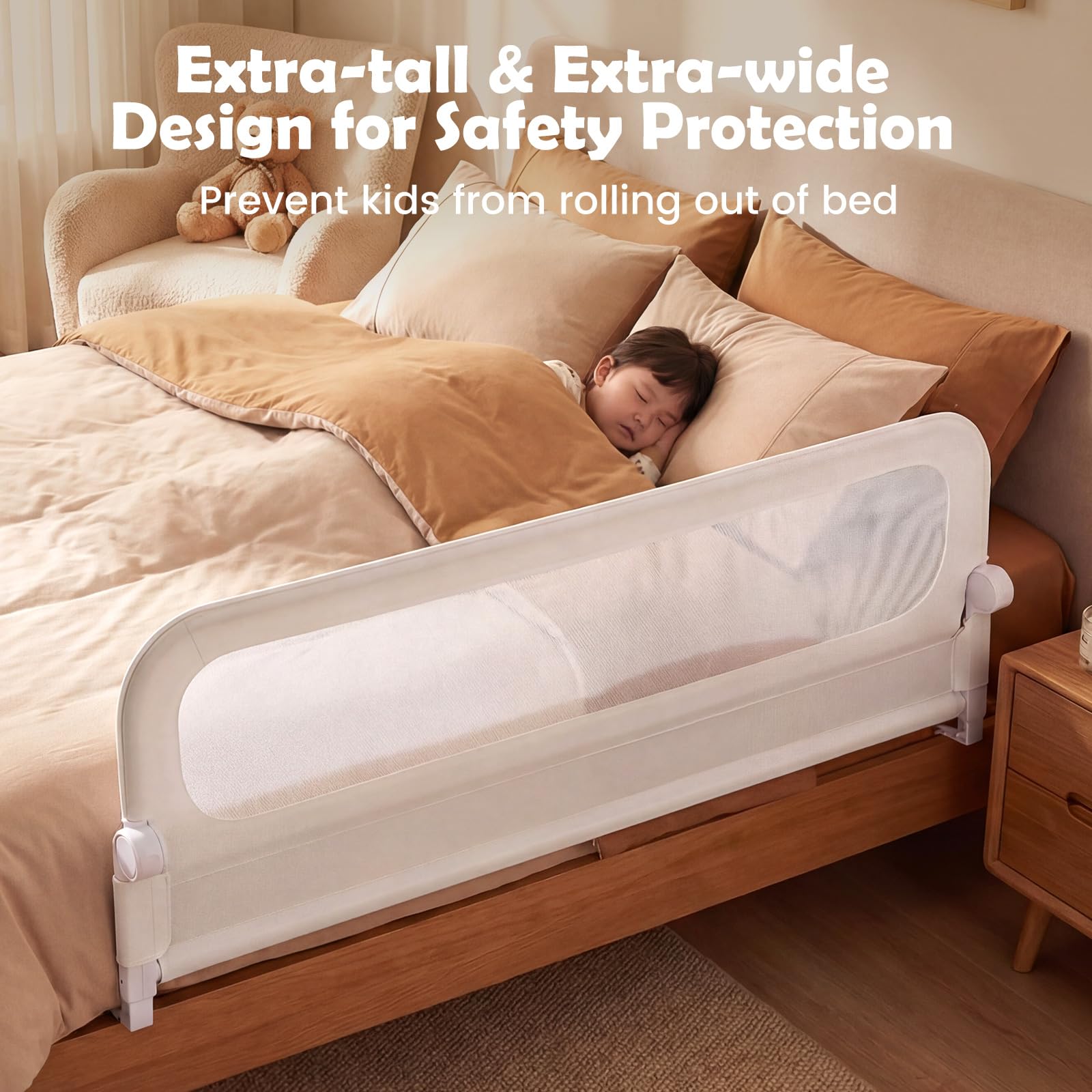 FANTASK Bettgitter klappbar, Kinderschutzgitter mit U-förmigem Gestell & Gurt, Bettschutzgitter mit abnehmbarem Oxford-Bezug, Rausfallschutz für Kinderbett Elternbett Boxspringbett (Weiß, 180 x 60 cm)