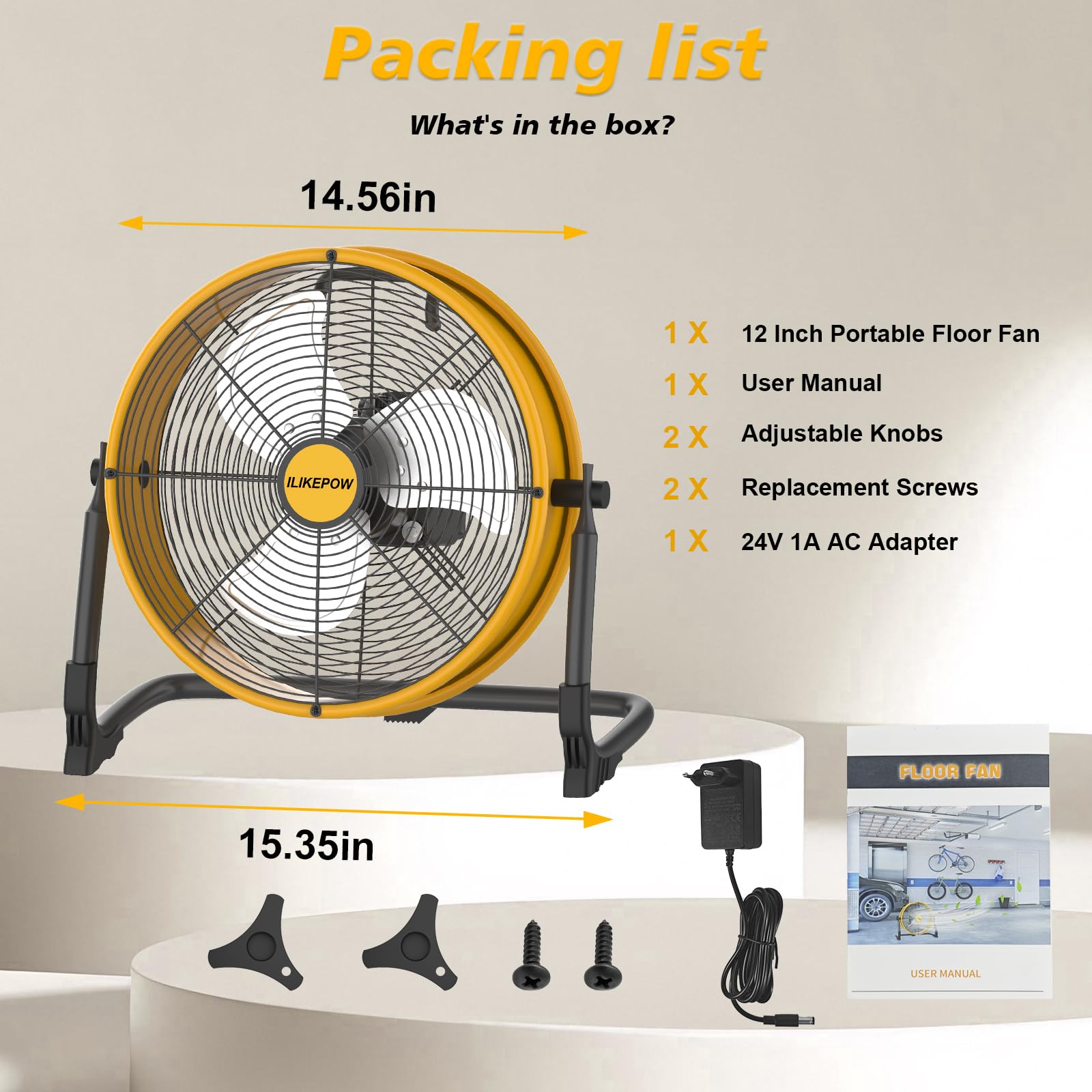 Akku Bodenventilator kompatibel mit Dewalt 18/20V Akku, 12 Zoll Kabelloser Ventilator Leise, Netzteil, USB Ladeanschluss, Stufenlos Regelbar für Baustelle, Werkstatt, Camping (ohne Akku)