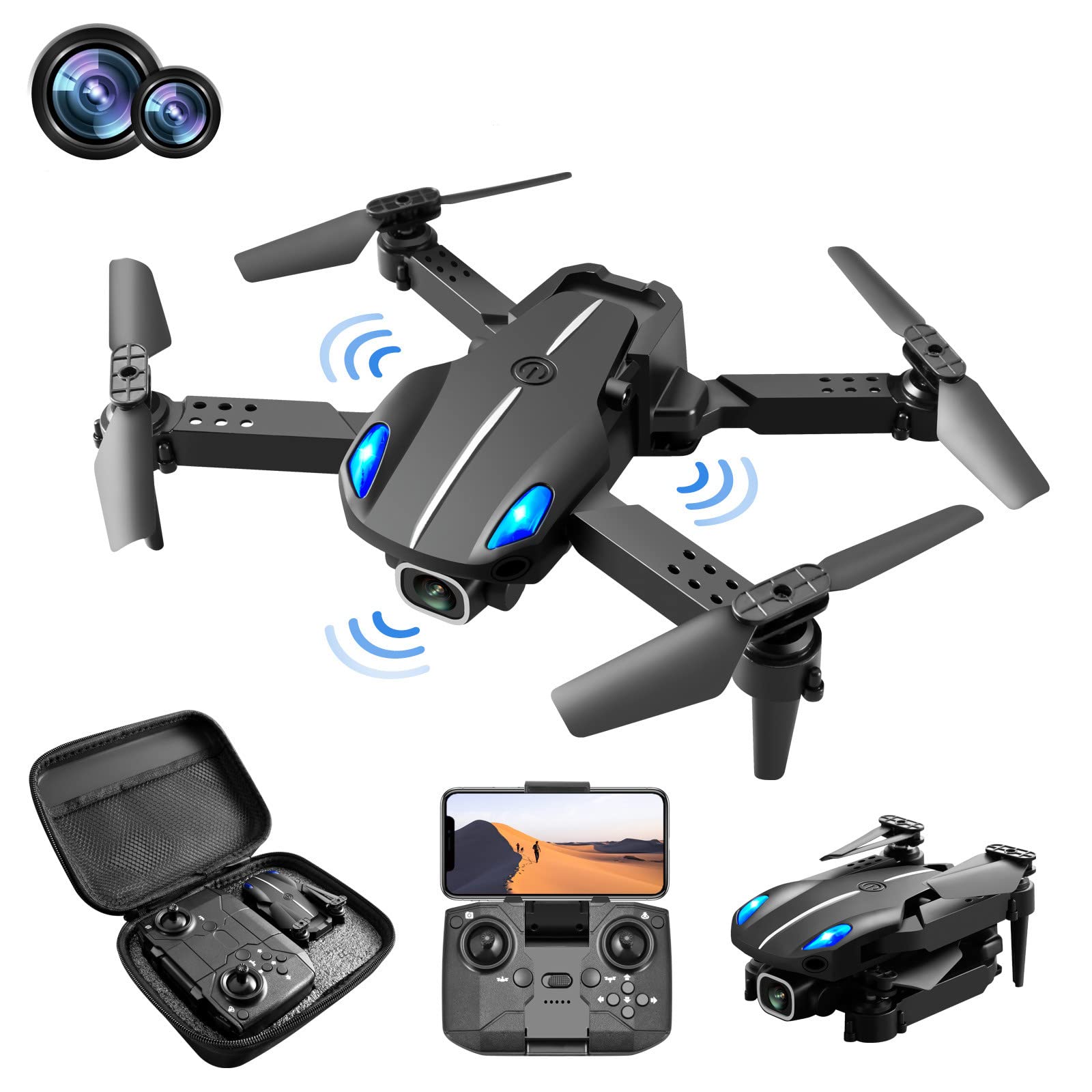 Tinker Crate Avoidance Foldable Toy Helicopter Airplane Quadcopter KY907 Camera PRO Mini RC Obstacle FPV Drone WIFI 4K Helicopter Servos (Black, One Size)