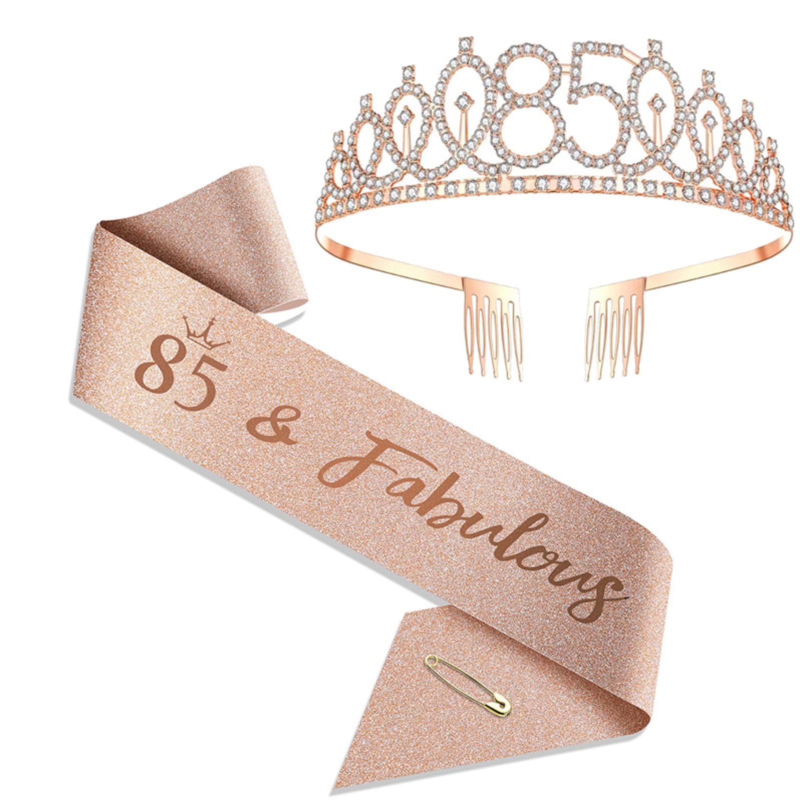 JOUWUI 85 Fabulous Sash and Rhinestone Tiara Set, 85th Rose Gold Birthday Rhinestone Crowns and Sash for Women, 85th Birthday Decorations for Her