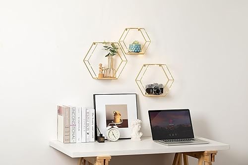 Miniatura 5 de Gold Metal Wire and Wooden Hexagon Floating Shelves Wall Decor, Decorations for Home Shop Bedroom Living Room Bathroom, Set of 3 with LED Lights