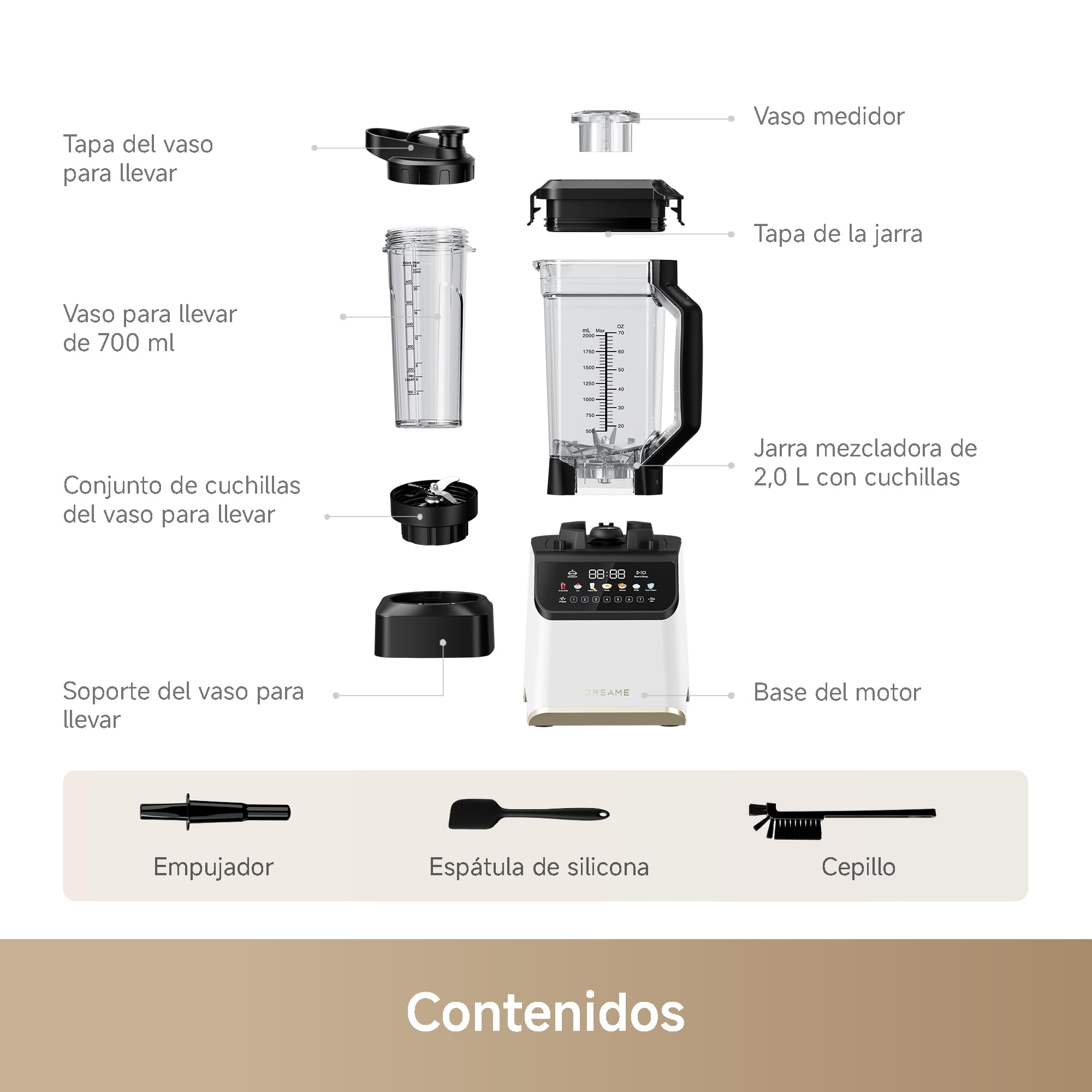 DREAME BlendLogic Blanco, Batidora de Vaso, Tecnología IDetect | 2 Vasos de Tritán (2,0 L + 700 ml), Potente Motor de 2000 W, 9 Programas Inteligentes, Programa de Autolimpieza