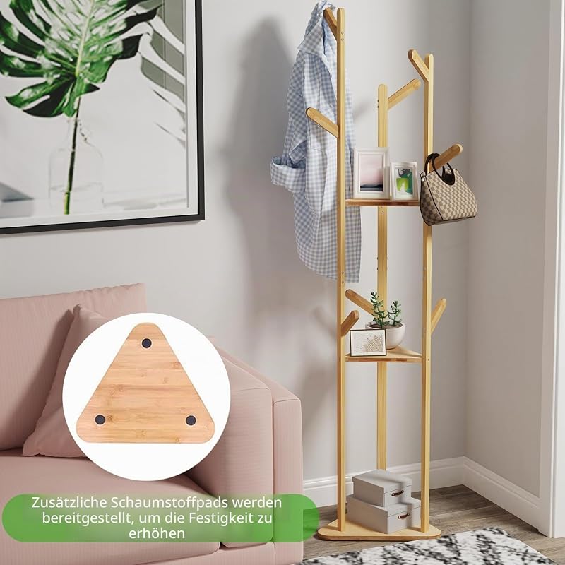 unho Bamboo Fa Alakú Ruhaállvány 8 Horgos 3 Polcos Kabátfal Előszobához