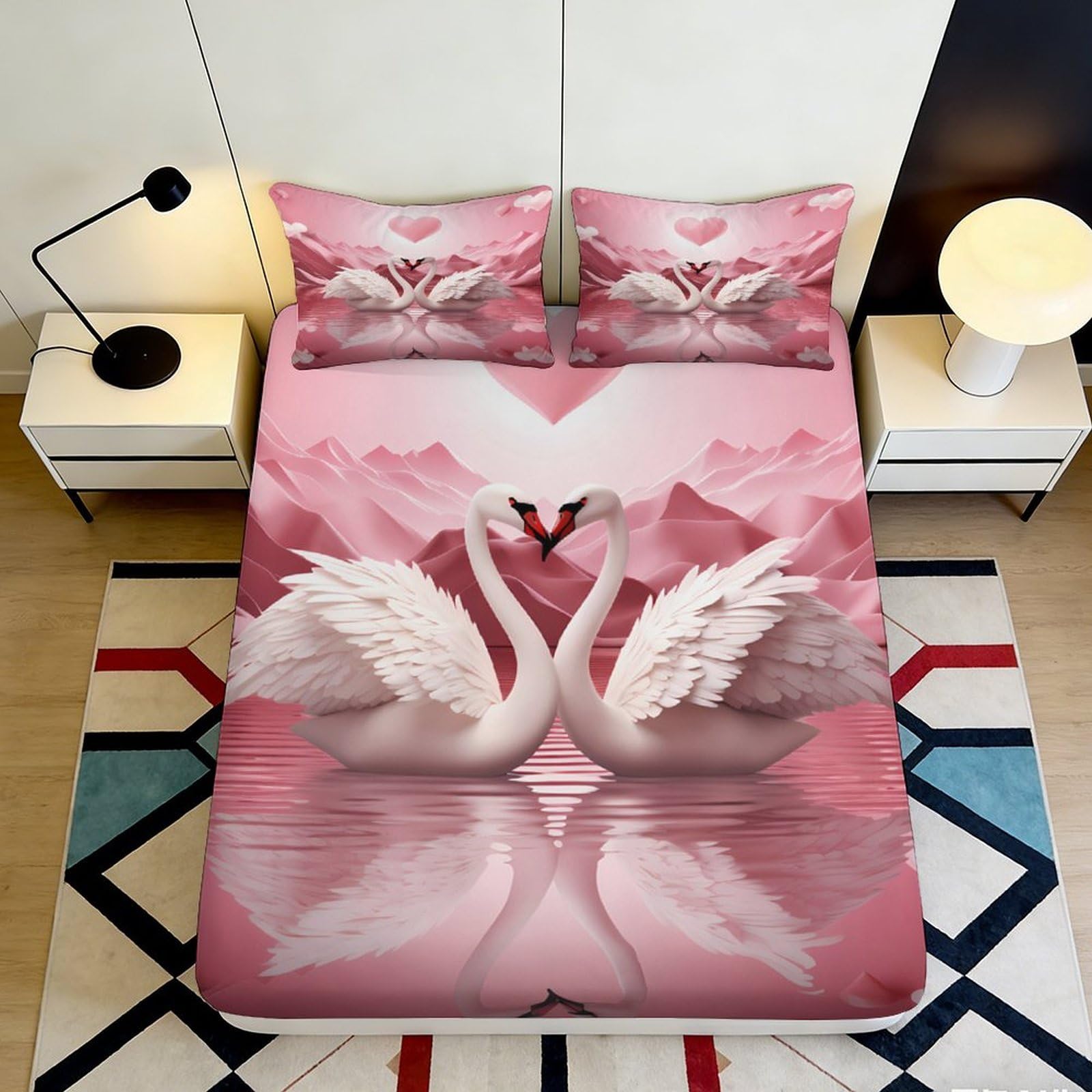 3D Printed Swan Pattern Microfiber Fitted Sheet Deep Pocket Non-Slip for Bedroom Swan Mattress Fitted Cover Washable 140x200x25cm