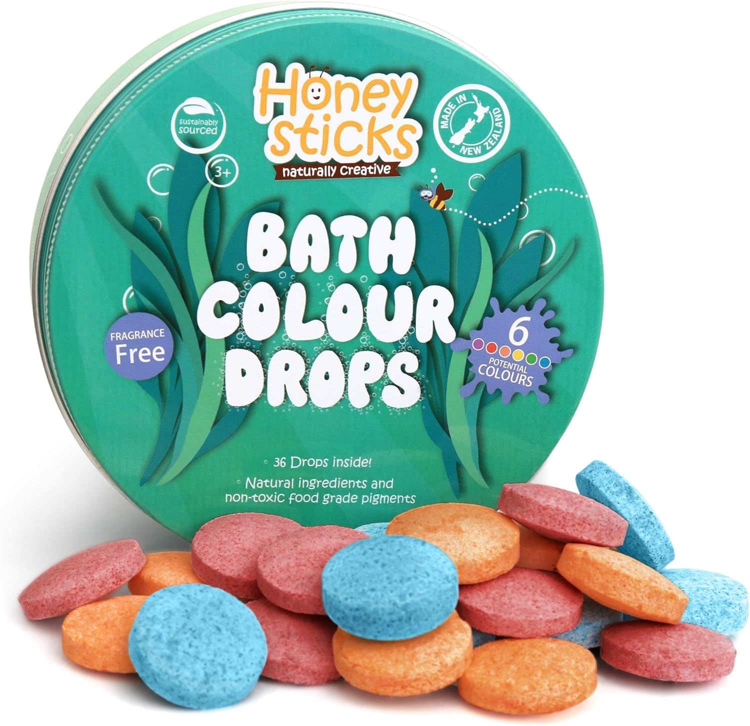Bath Colour Tablets for Kids - Non Toxic Bathtub Drops Made with Natural Ingredients and Food Grade Colours - Fragrance Free - Fizzy, Brightly Coloured Bathtime Fun, Great Gift - 36 Drops