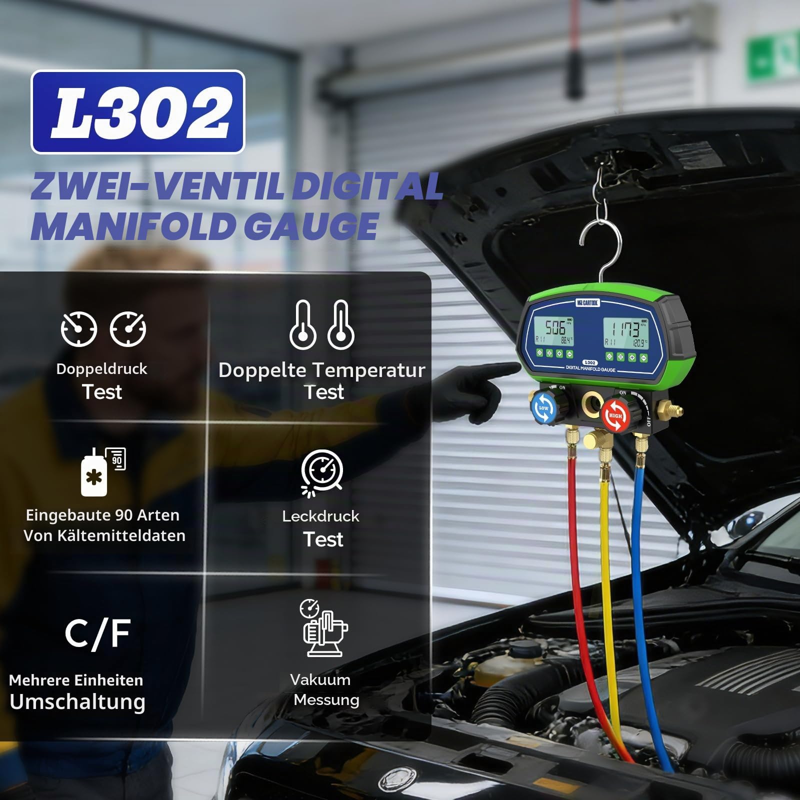 MR CARTOOL Digital Monteurhilfe L302 Kältemittelanzeige HVAC Messgerät R134A R32 R410A 90 Kältemitteln Vakuumpumpe
