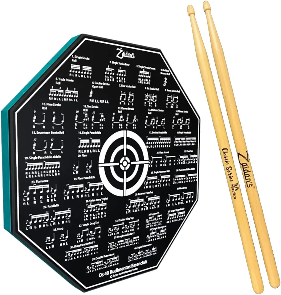 Kit Pad Estudo Bateria Praticável 8 Polegadas Ou 20cm Rudimentos Essenciais + Par de Baquetas Classic Series Zaidan's By Spanking (5A)