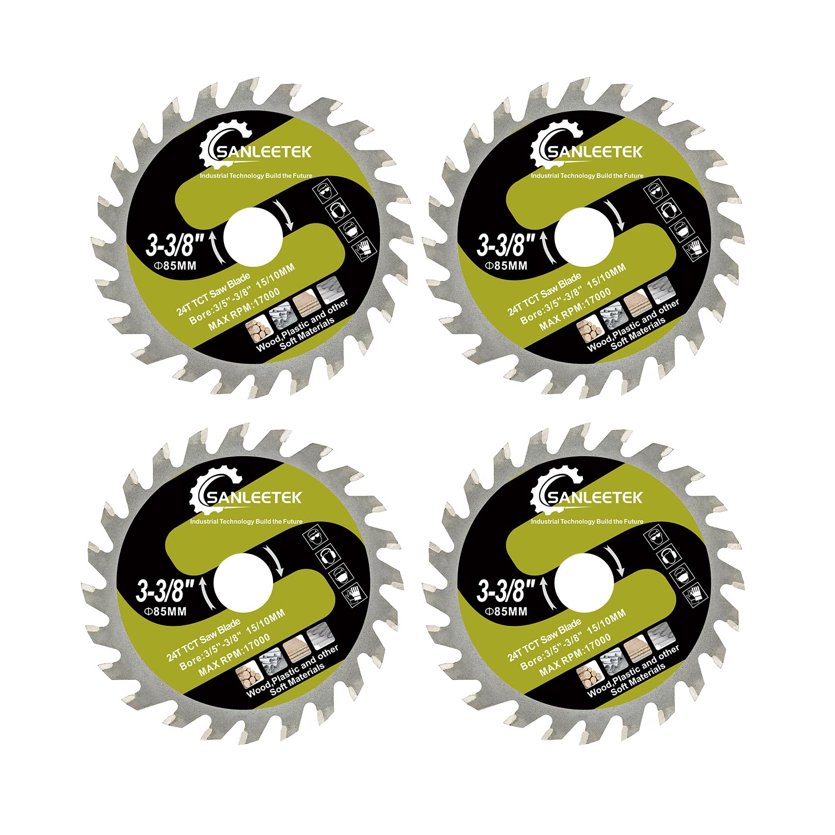 SANLEETEK 4pcs 85mm TCT Circular Saw Blade - 24T Cutting Blade for Wood, Plastic, Plywood & Composite Materials with Washer 3/8"-9/16" (10-15mm)