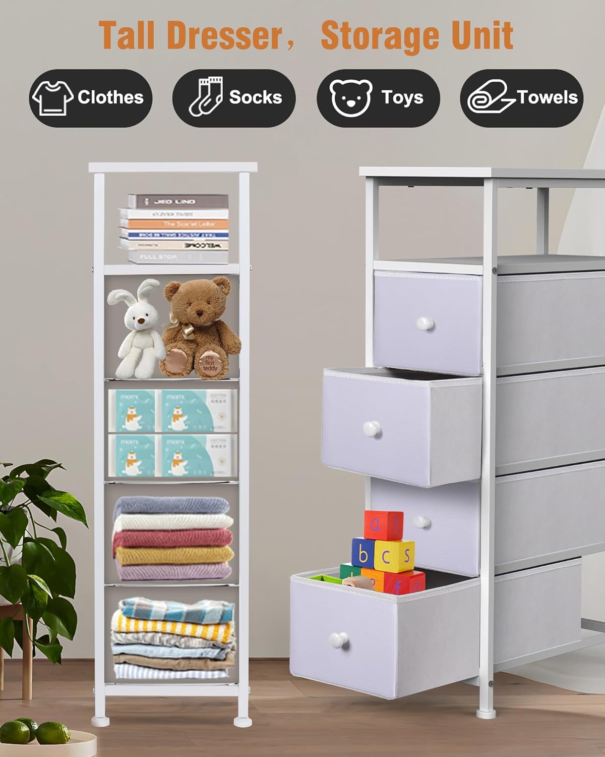 Narrow Dresser for Bedroom, Fabric Tall Dresser & Chests of Drawers with 4 Drawers, Vertical Organizer Storage Tower Unit for Bedroom, Hallway, Entryway White Wood Grain