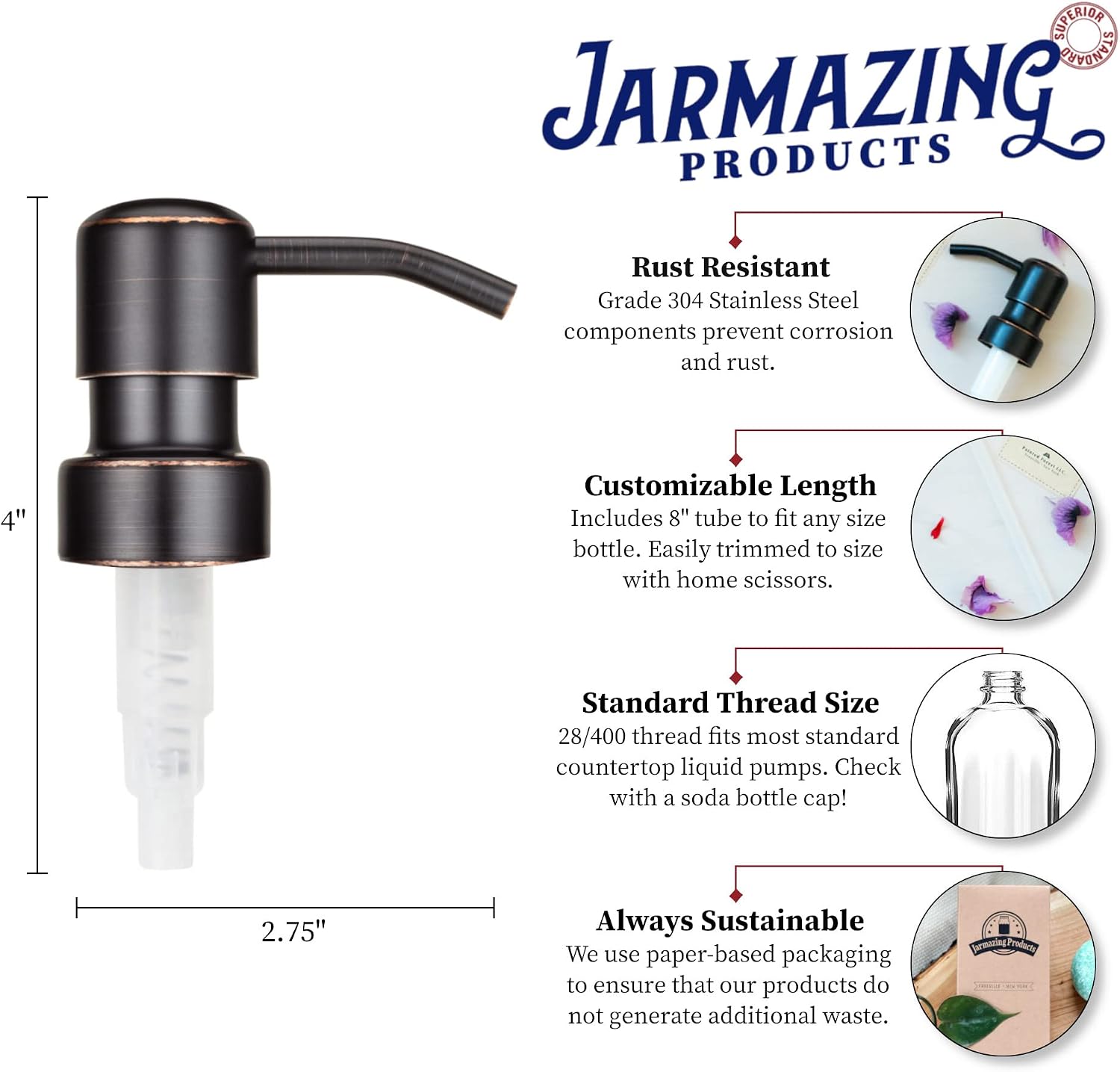 Oil Rubbed Bronze Modern Metal Soap and Lotion Replacement Pump - Two Pack image 2