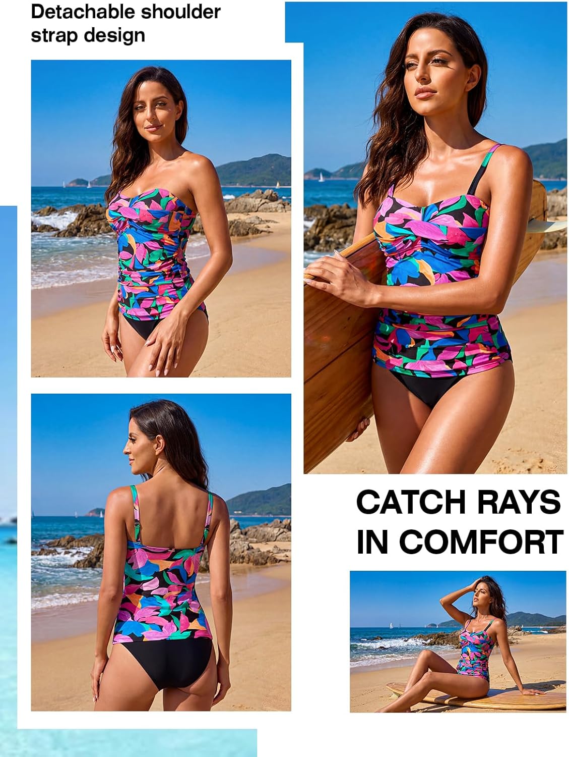 RELLECIGA Women’s Ruched Tankini Sets Tummy Control Two Pieces Bathing Suit Bandeau Tankini with Cheeky Swimsuit Bottom - Image 3