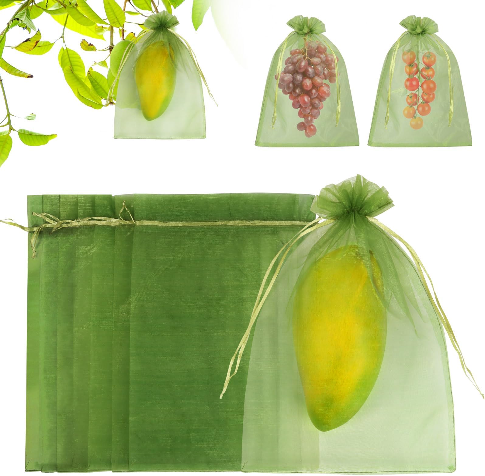 100 Pcs Fruit Protection Bags, 8''ร12''Fruit Netting Bags for Fruit Trees, Green Fruit Cover Mesh Bag with Drawstring Netting Barrier Bags for Plant Fruit Flower and Vegetables