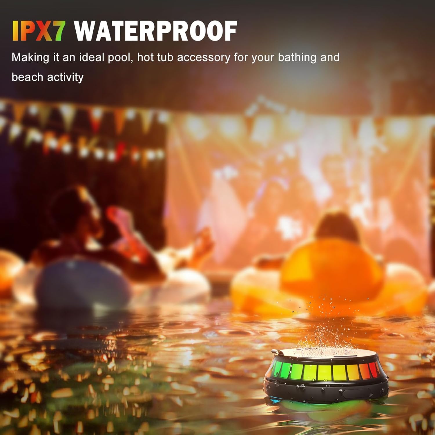 Floating Speaker for Pool, IPX7 Waterproof Floating Hot Tub Speaker with Colorful Lights, 15W Stereo Loud Sound, TWS, Portable, Wireless Party Gifts for Shower, Spa, Beach