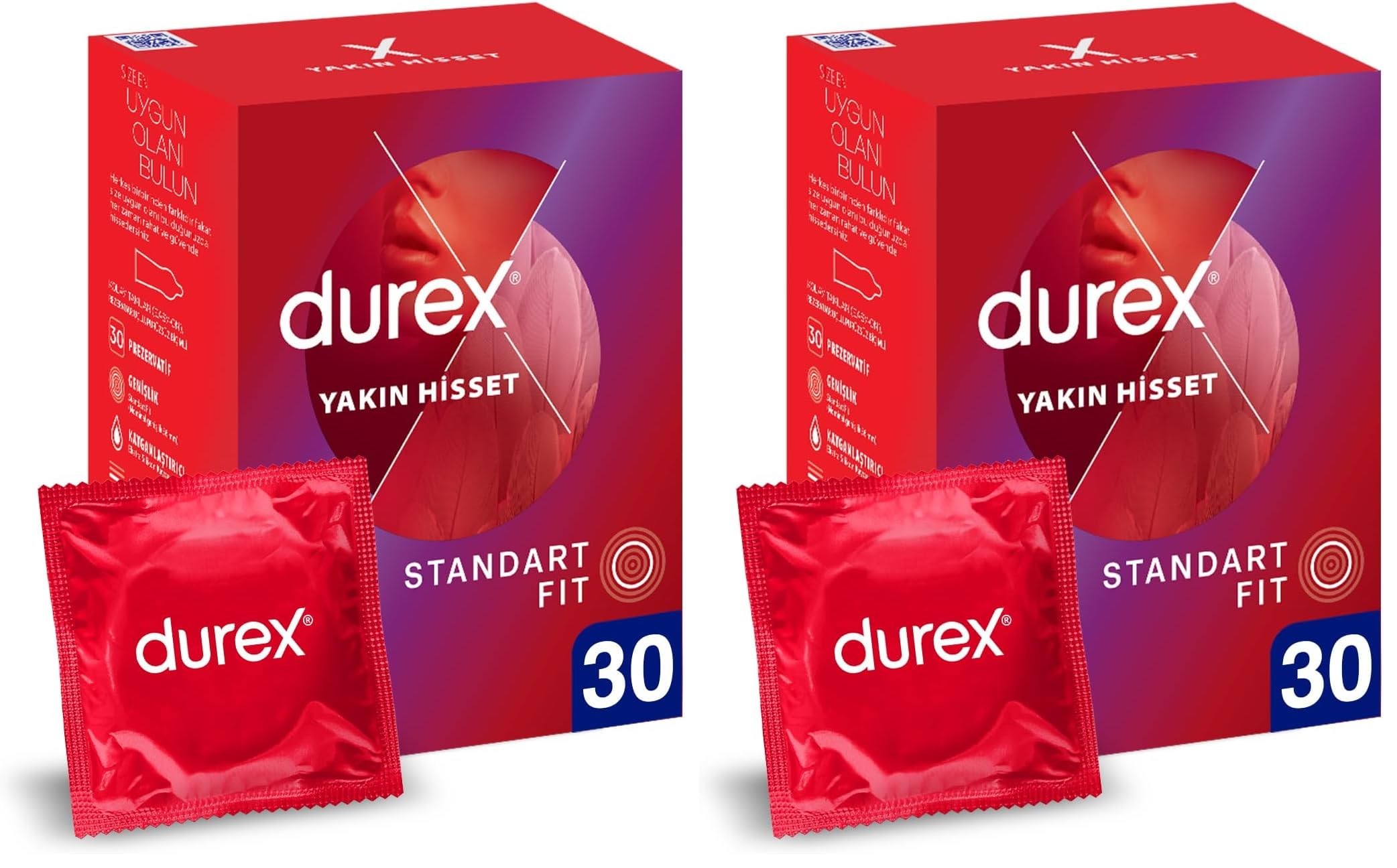 Durex Yakın Hisset İnce Prezervatif 30'lu, Standart Fit (2 paketi)