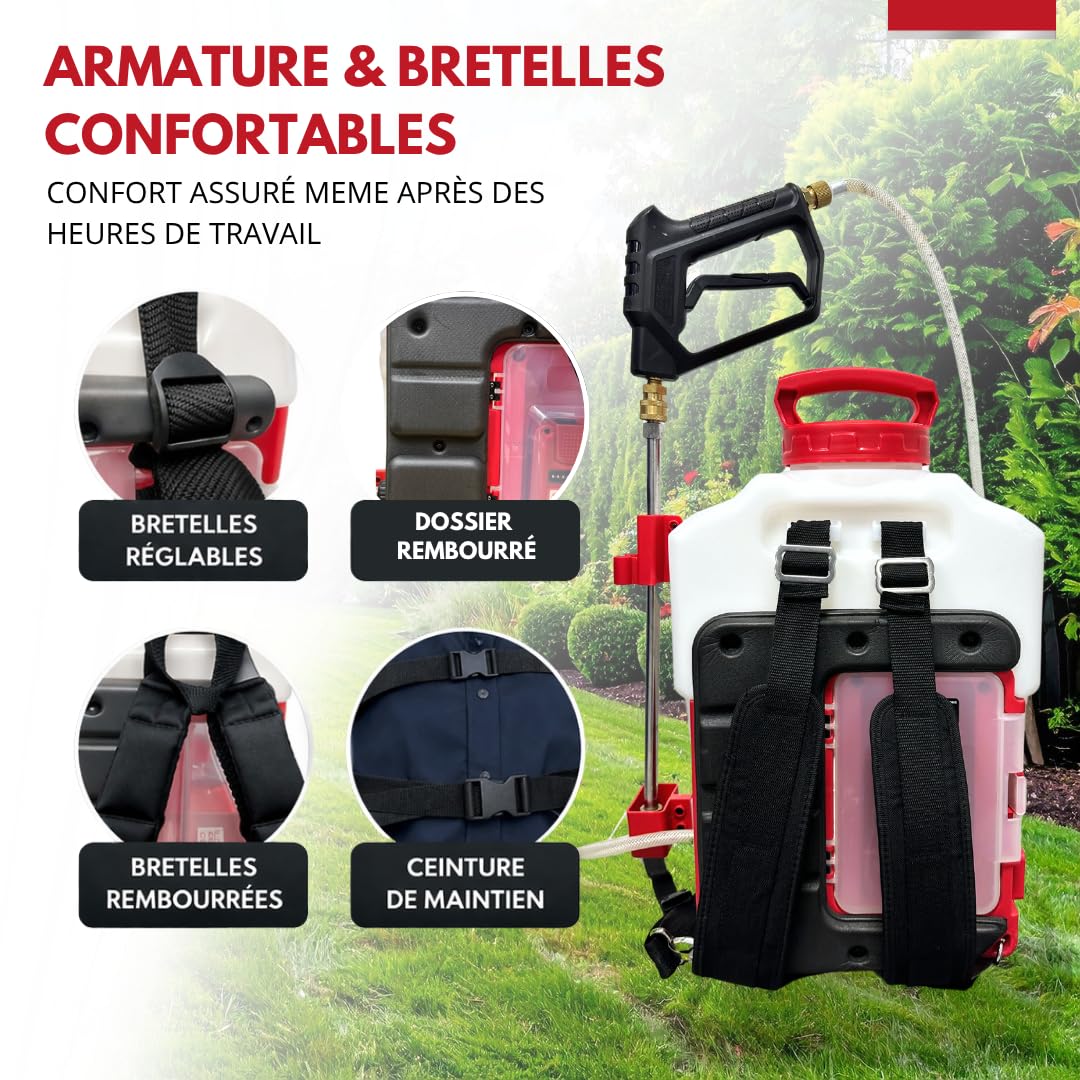 Pulvérisateur Électrique Dorsal 15L – Pulvérisateur à Dos à Batterie Rechargeable, Débit 180 L/H, 2 Batteries, Blanc et Rouge