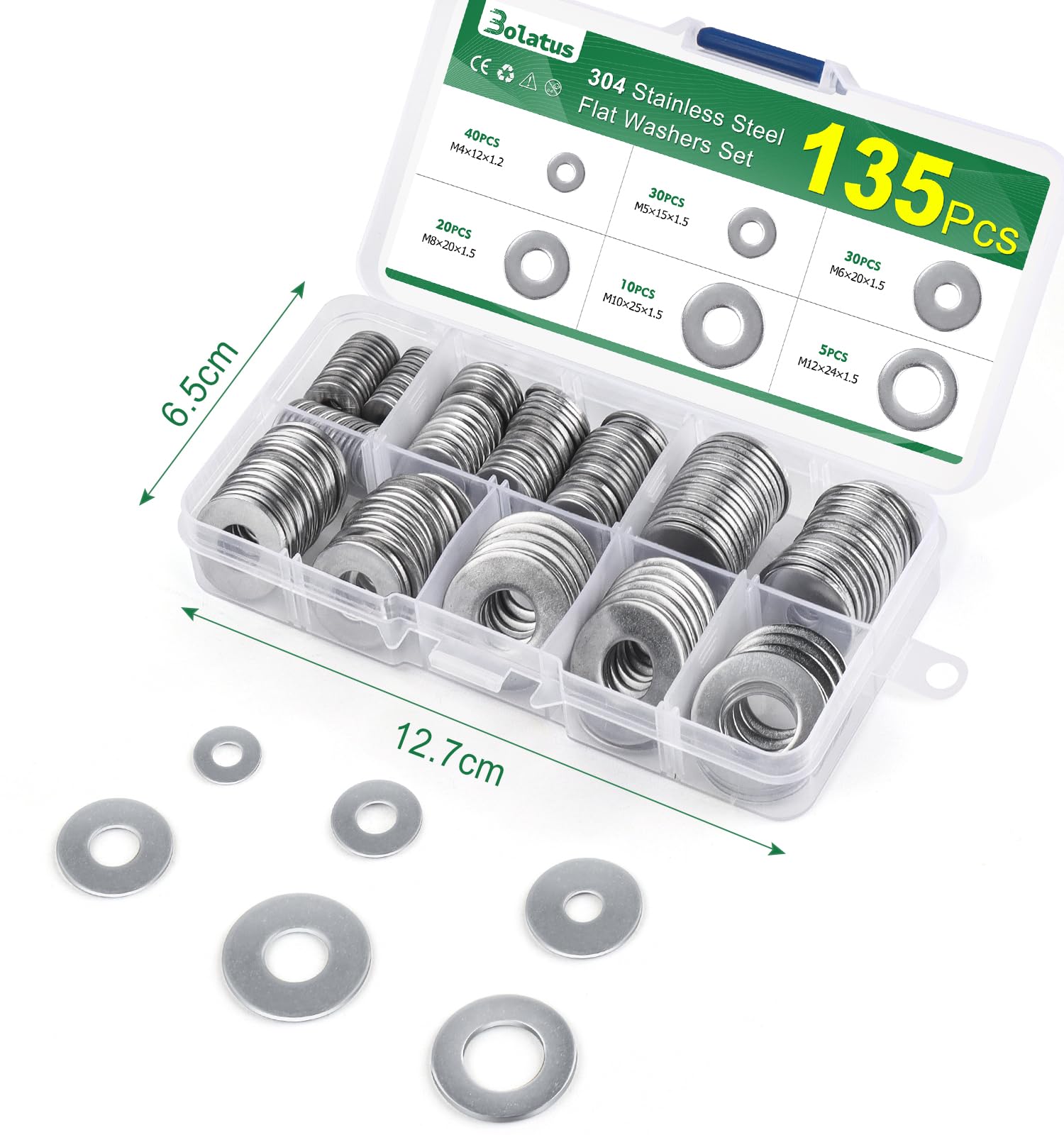 Set di 135 rondelle in acciaio inox, rondelle Bolatus, assortimento di 6 misure, dischi per carrozzeria M4 M5 M6 M8 M10 M12, rondelle piatte in acciaio inox per viti e dadi e barra filettata