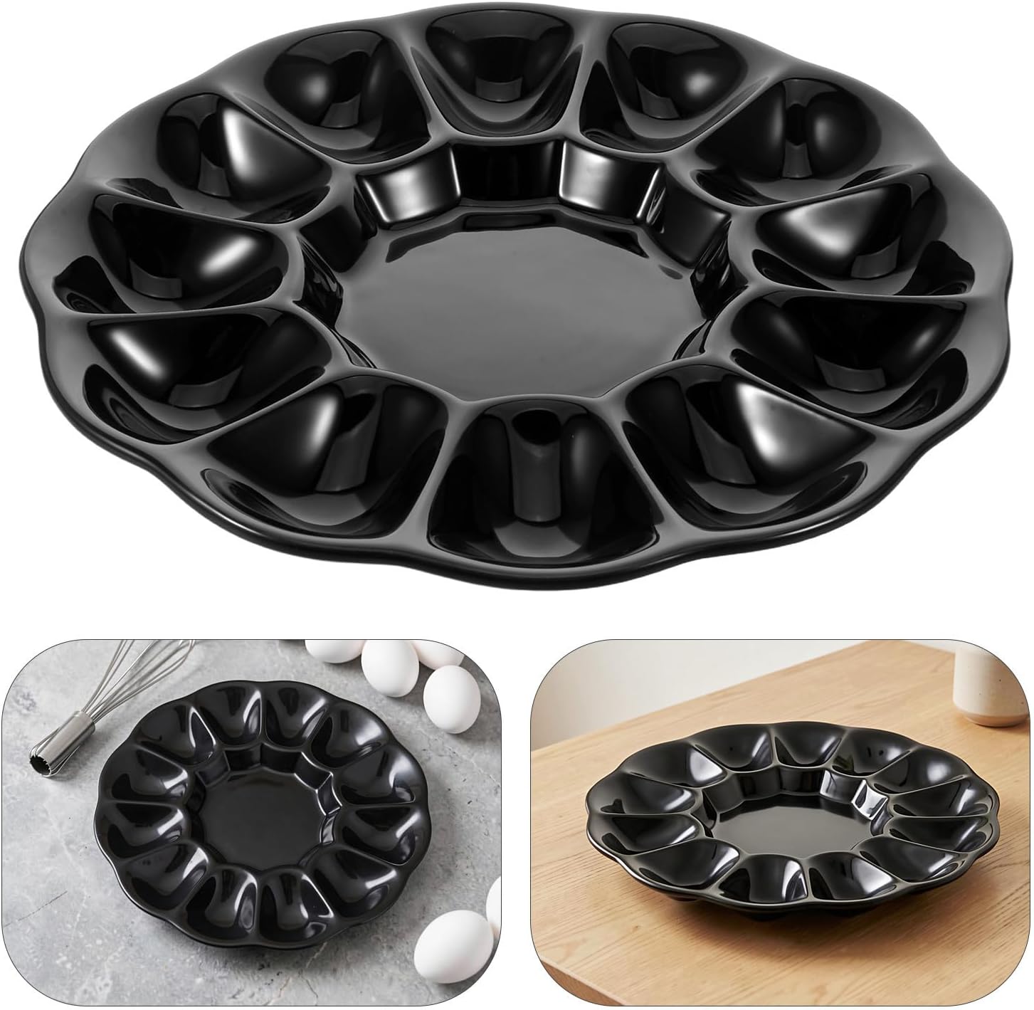 LABRIMP Ceramic Deviled Egg Platter, Black 12 Slot Easter Serving Tray