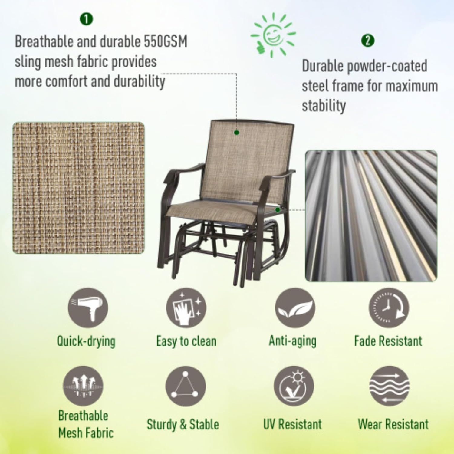 3-Piece Outdoor Bistro Set, Glider Chair with Coffee Table, 2 Patio Rocking Chairs with Breathable Sling Fabric, 1 Glass Table Top, Suitable for Backyard, Garden and Porch, Mixed Brown