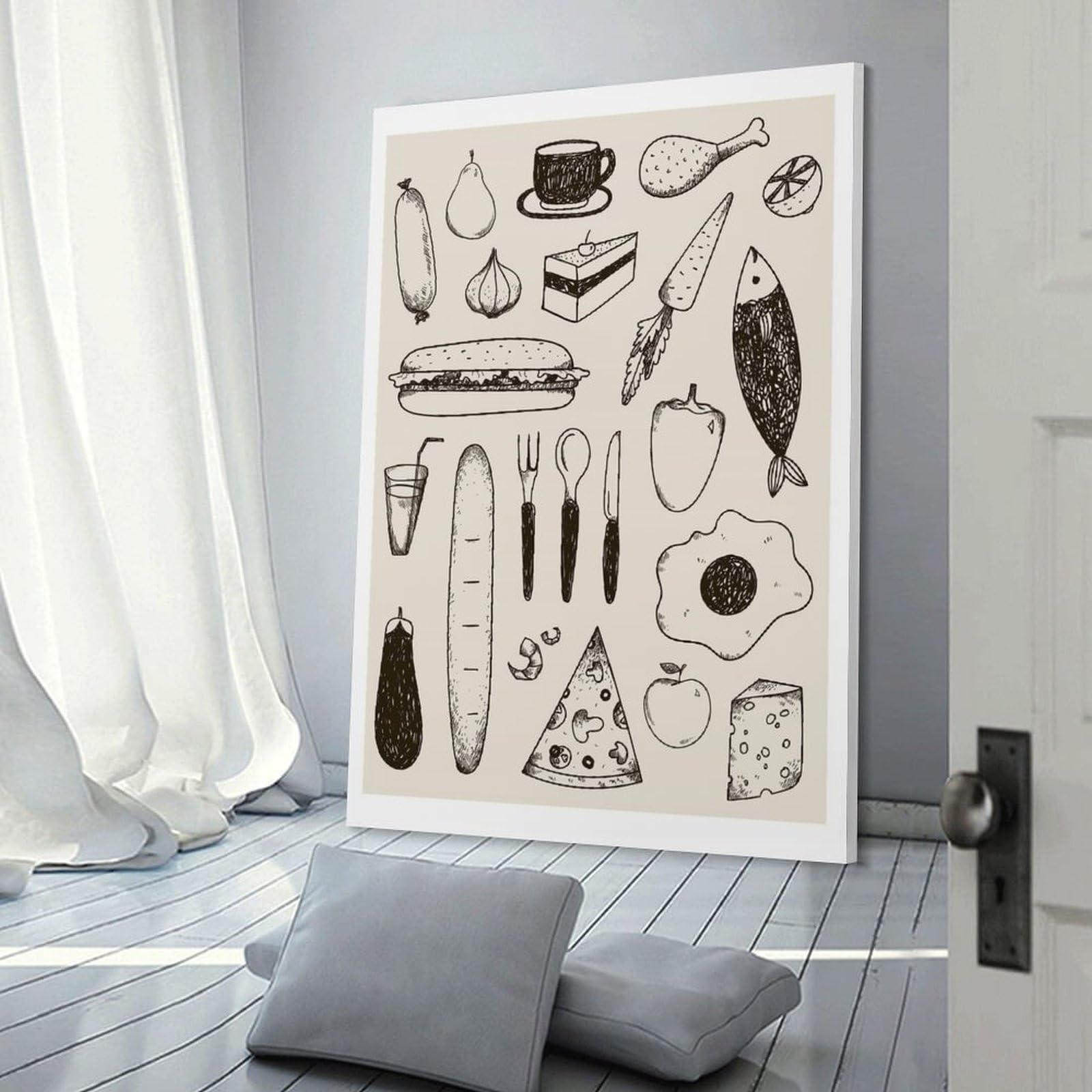 Junmoney Food Sketch Illustration Wall Decor Canvas Print, 24x36inch(60x90cm), for Living Room, Bedroom Or Home Office, Home Decor Gift with Stylish Appeal