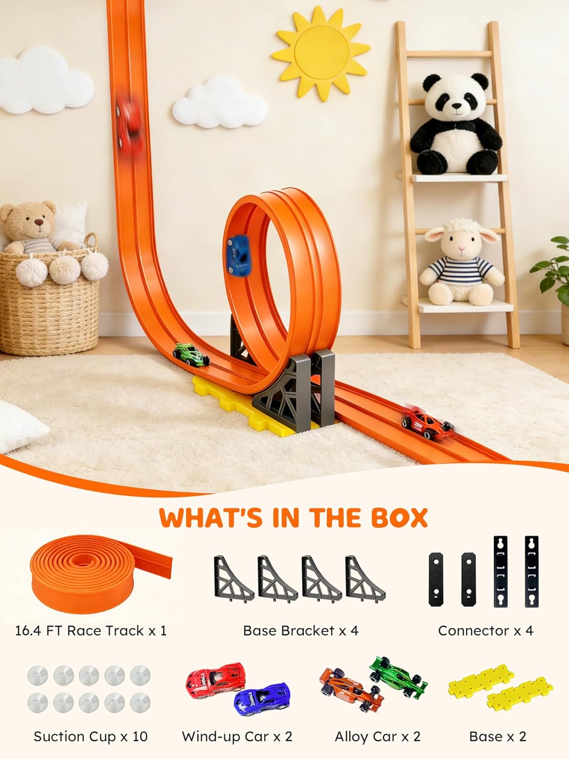 Flexible Race Track for Kids - 16.4 Ft Portable Rolls Up Circular Track with Bracket 4 Racing Cars Suction Cup, 3+ Years Car Ramp Kid Toy Compatible with Normal Diecast 1/64th Cars (Orange)