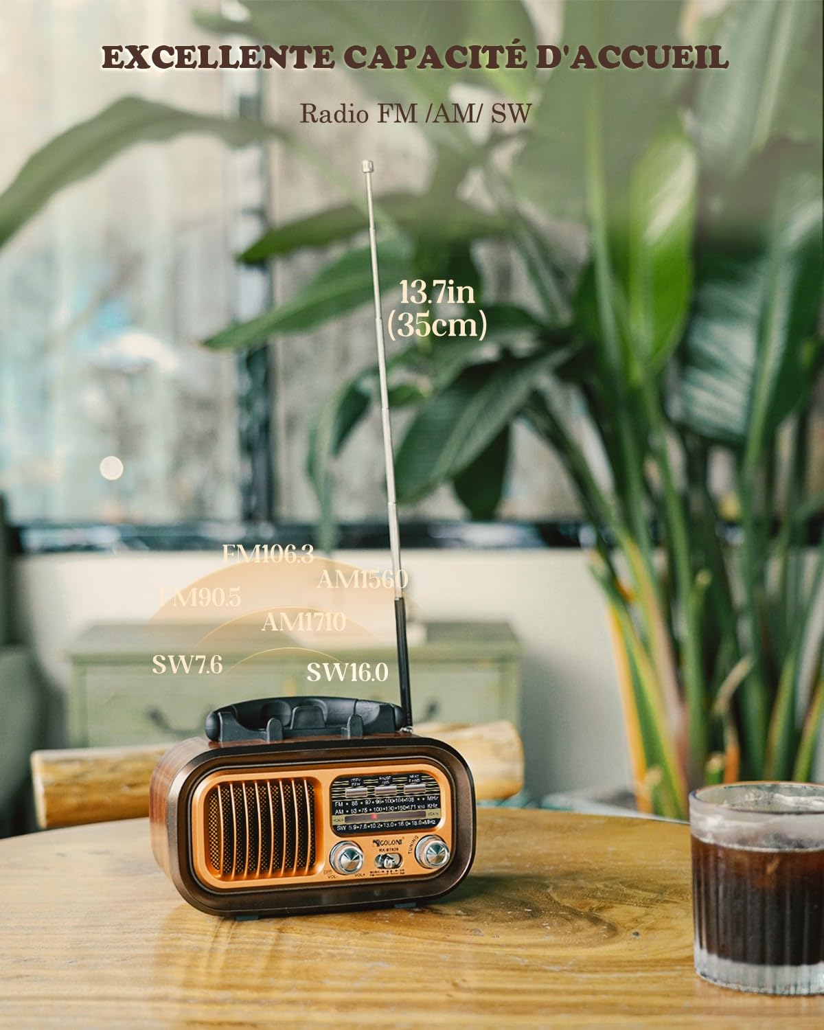 Radio Portable,AM/FM/SW Radio Vintage Bluetooth,Excellente Réception, Poste Radio avec Batterie 1200mAh et Panneau Solaire,Lecteur MP3 USB SD TF, pour Personnes Agees.