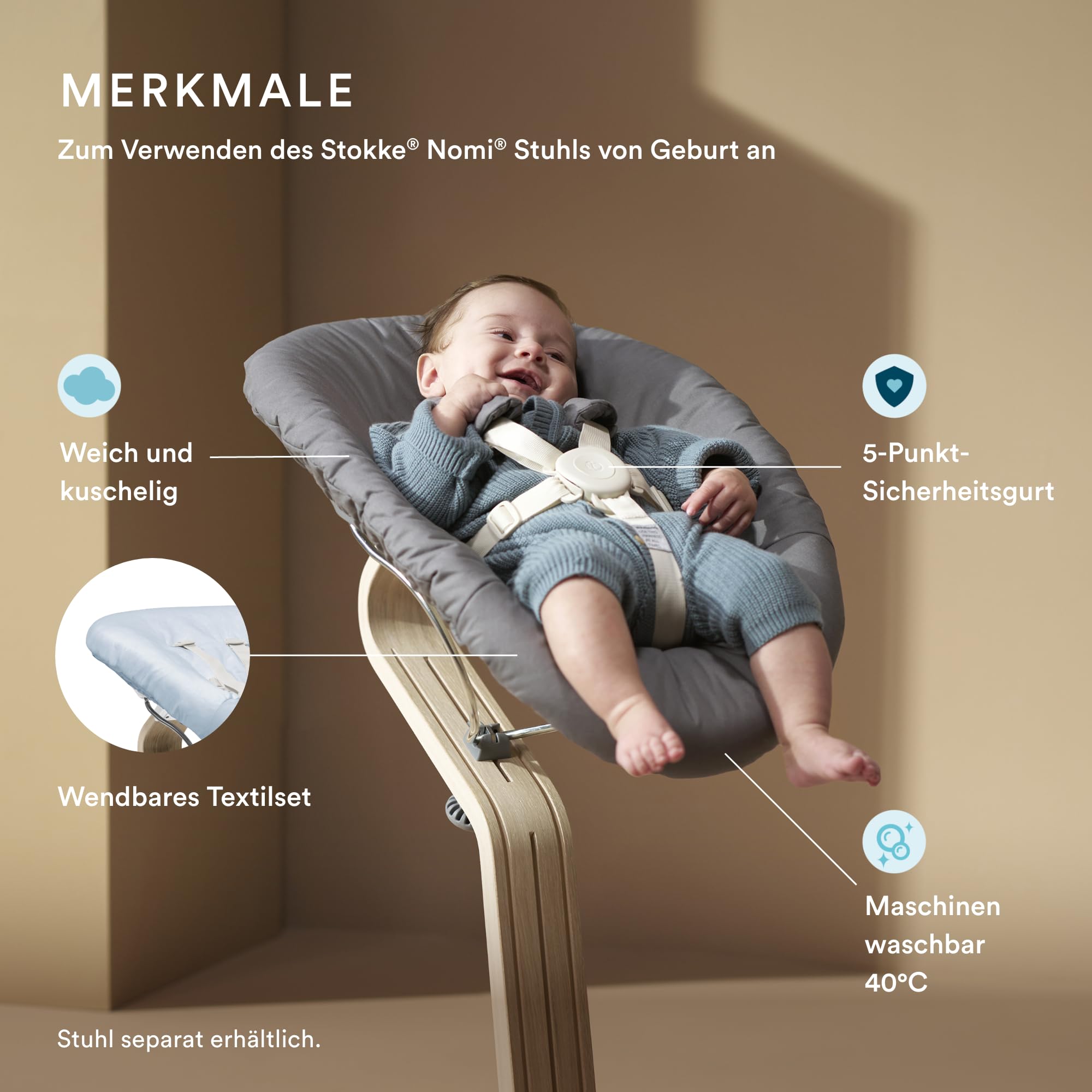 Stokke Nomi Newborn Set, White/Grey Blue - Mit 5-Punkt-Sicherheitsgurt und wendbarem, waschbarem Textilset - Passt auf alle Stokke Nomi Stühle
