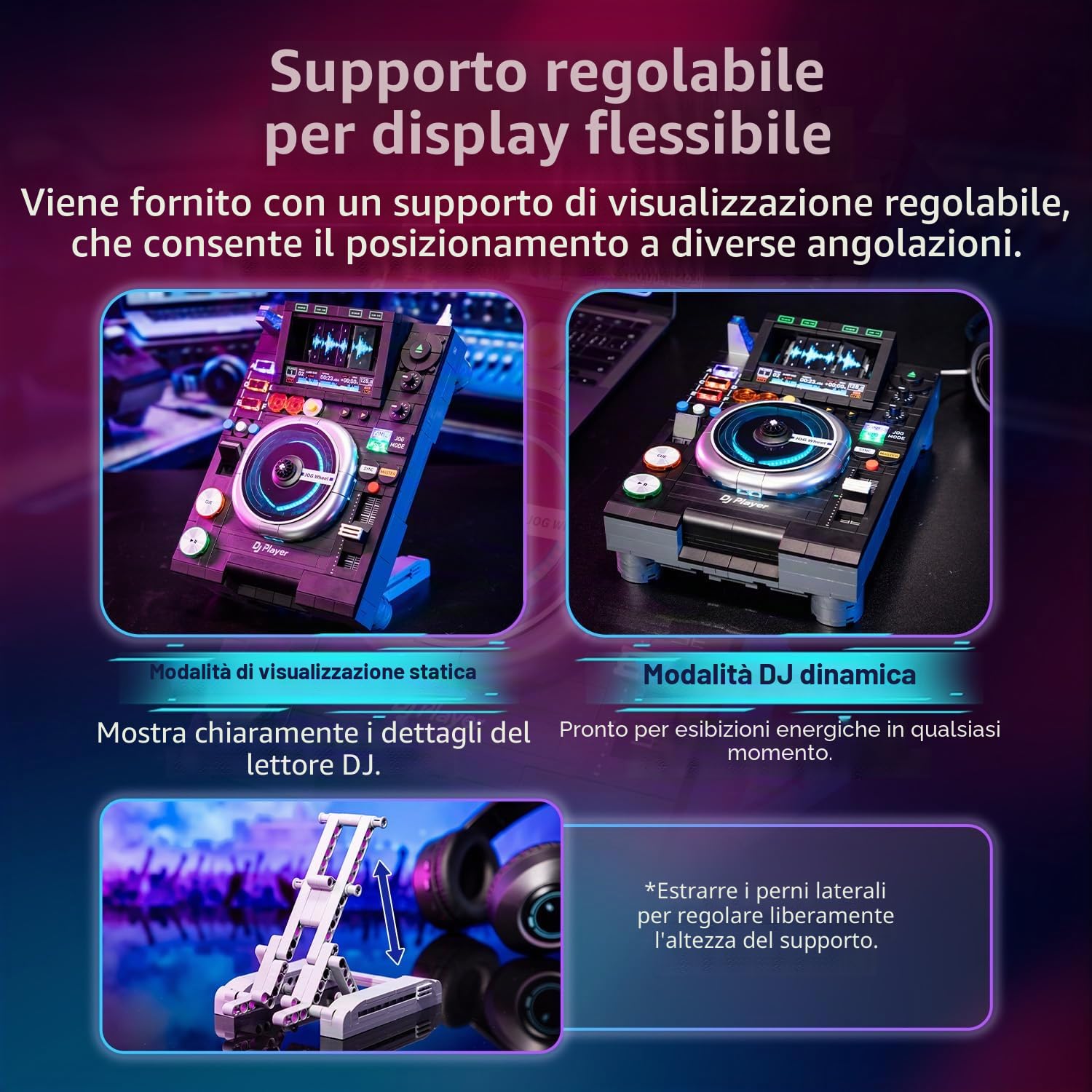 PANTASY Set di mattoncini per DJ con riproduzione musicale Bluetooth, doppia modalità di illuminazione, supporto regolabile, modello interattivo per bambini e adulti