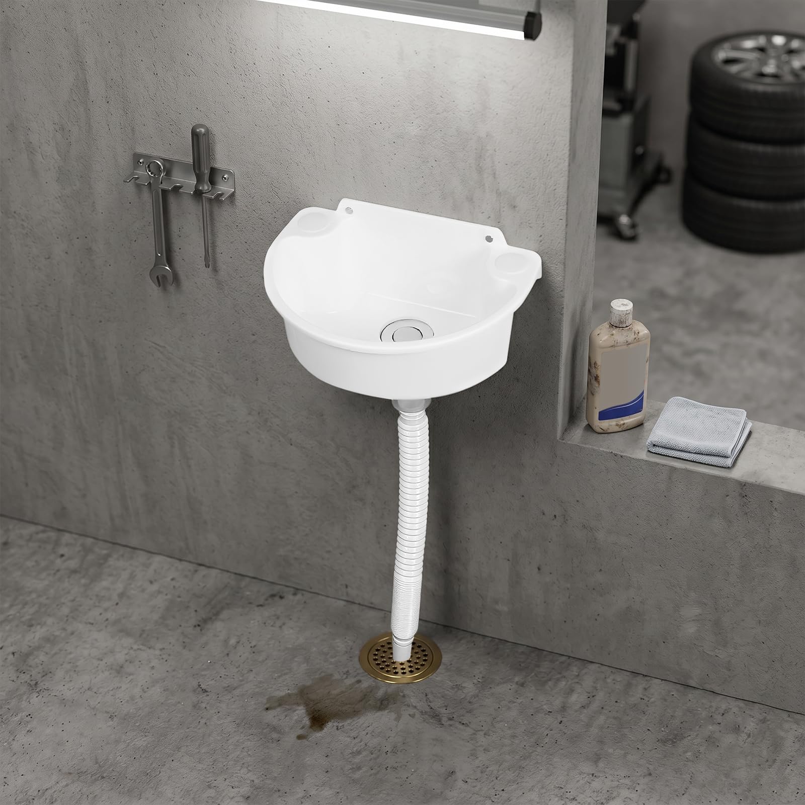 Lavabo in plastica, montaggio a parete, a semicerchio, bianco | Lavello per camper con tubo e tappo di scarico, per angoli della cucina, camper, 29,5 x 21 x 10,5 cm