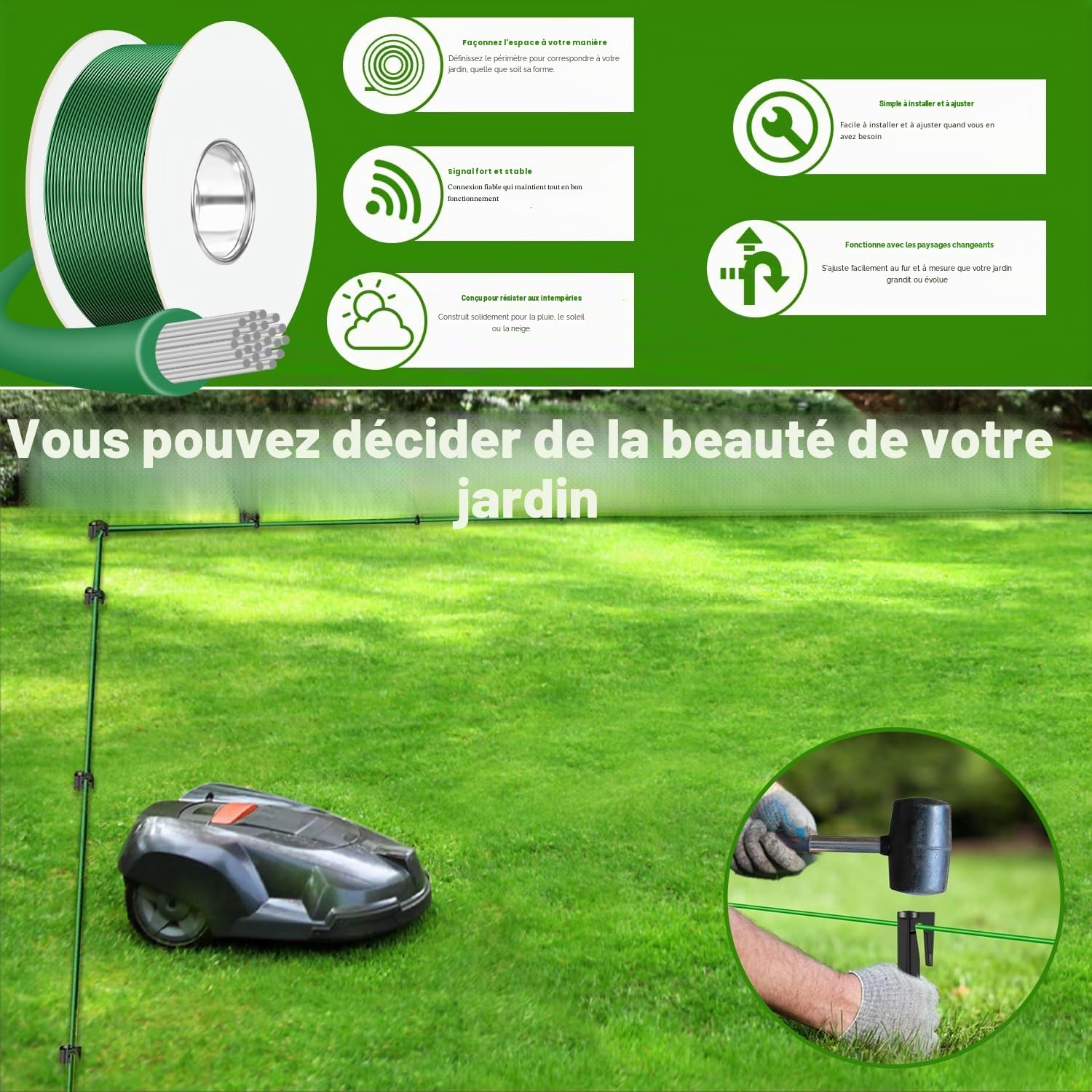 Cable Robot Tondeuse 250M + 150 Piquets + 20 Connecteurs de Câble + 10 Bornes de Connexion, Fil pour Robot Tondeuse, Câble pour Robots Tondeuses Compatible avec Gardena/Bosch/Worx/Yard Force etc