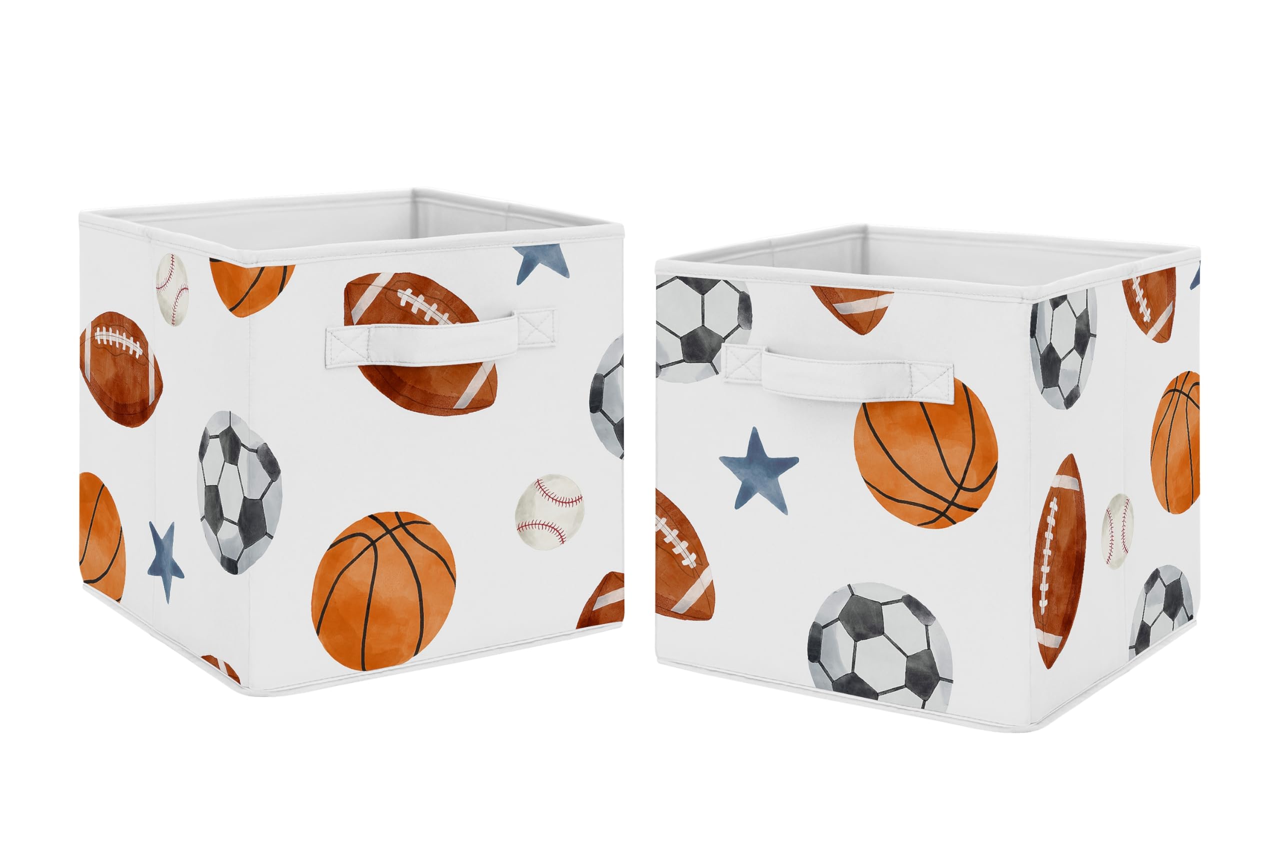 Sweet Jojo Designs Sports Theme Boy Collapsible Fabric Storage Cubes Foldable Bins Organizer Boxes Kids Baby Childrens Toys Set of 2 - Watercolor Soccer Balls Football Baseball Basketball Blue Stars