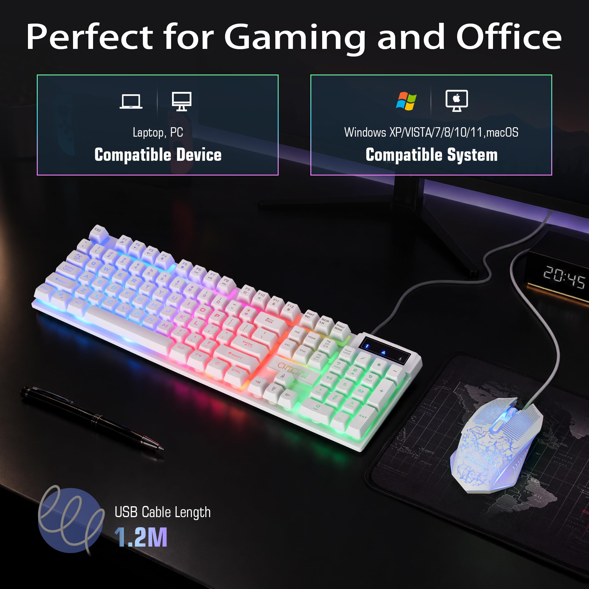 Amazon | CHONCHOW 1910 ホワイト ゲーミングキーボードとマウス LED