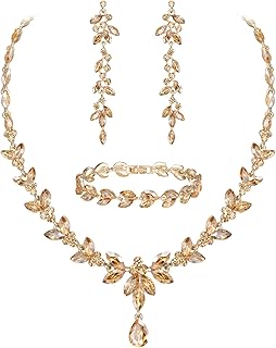 Austrian Crystal Bridal Bridesmaid Jewelry Sets, Elegant Marquise Rhinestone Leaf Necklace Dangle Earrings Tennis Bracelet Set for Women