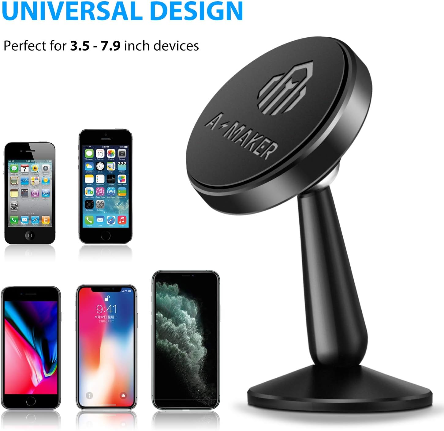 A-Maker Magnetic Phone Car Mount, 360° Full Body Metal Cell Phone Holder for Car Dashboard, Universal Magnetic Car Mount Compatible with iPhone 11 Pro Max & Samsung Galaxy All Smartphone Devices