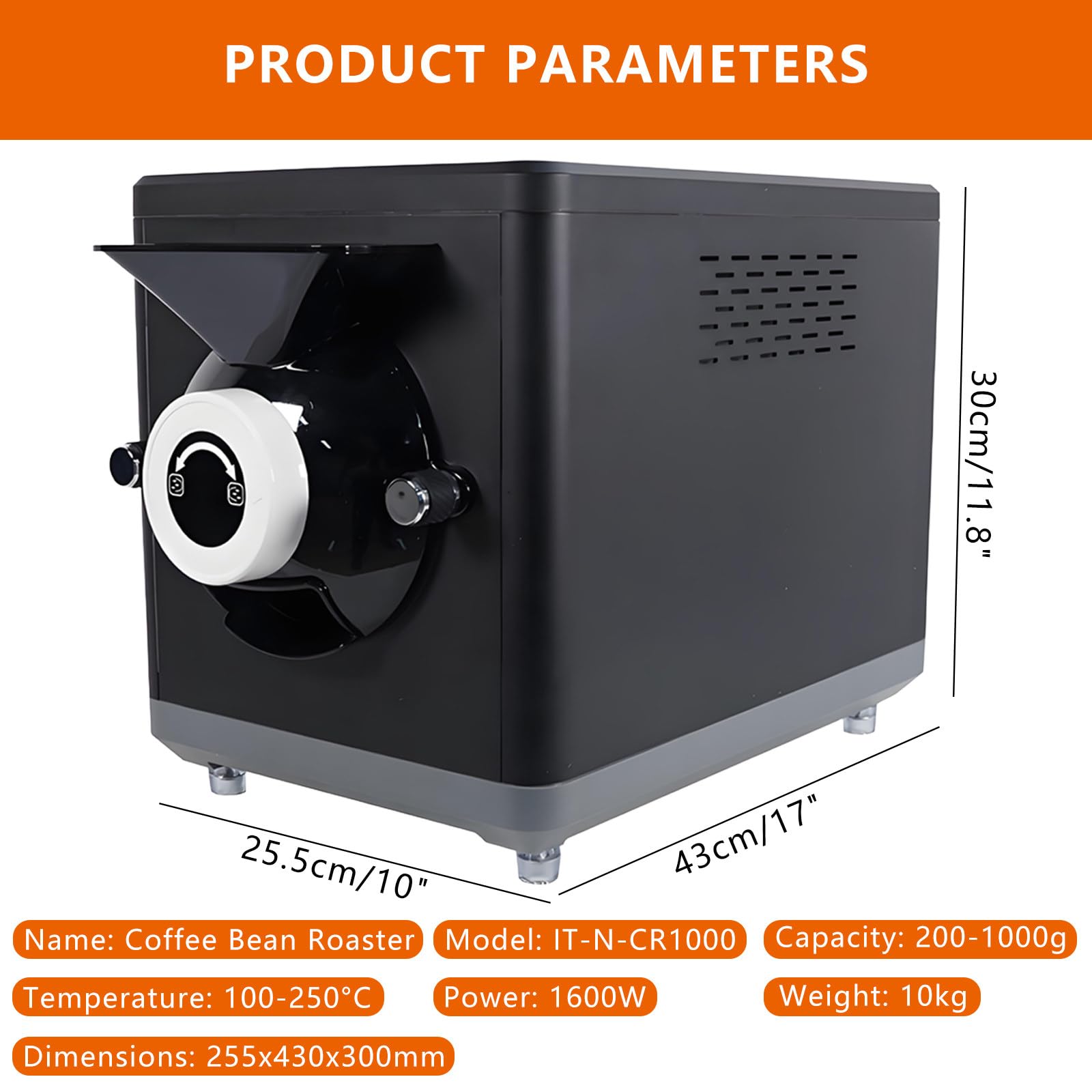 Automatyczna Maszyna Do Palenia Kawy Ziarnistej O PojemnośCi 1000 G – WyśWietlacz Cyfrowy, Regulacja W Zakresie 100–250°C, Do Kawiarni, Restauracji, Biura Domowego Black