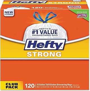 Hefty E84562ct Strong Tall Kitchen Drawstring Bags 13 Gal, 0.9 Mil, 23.75 X 27 Inches, White, 360/Ct