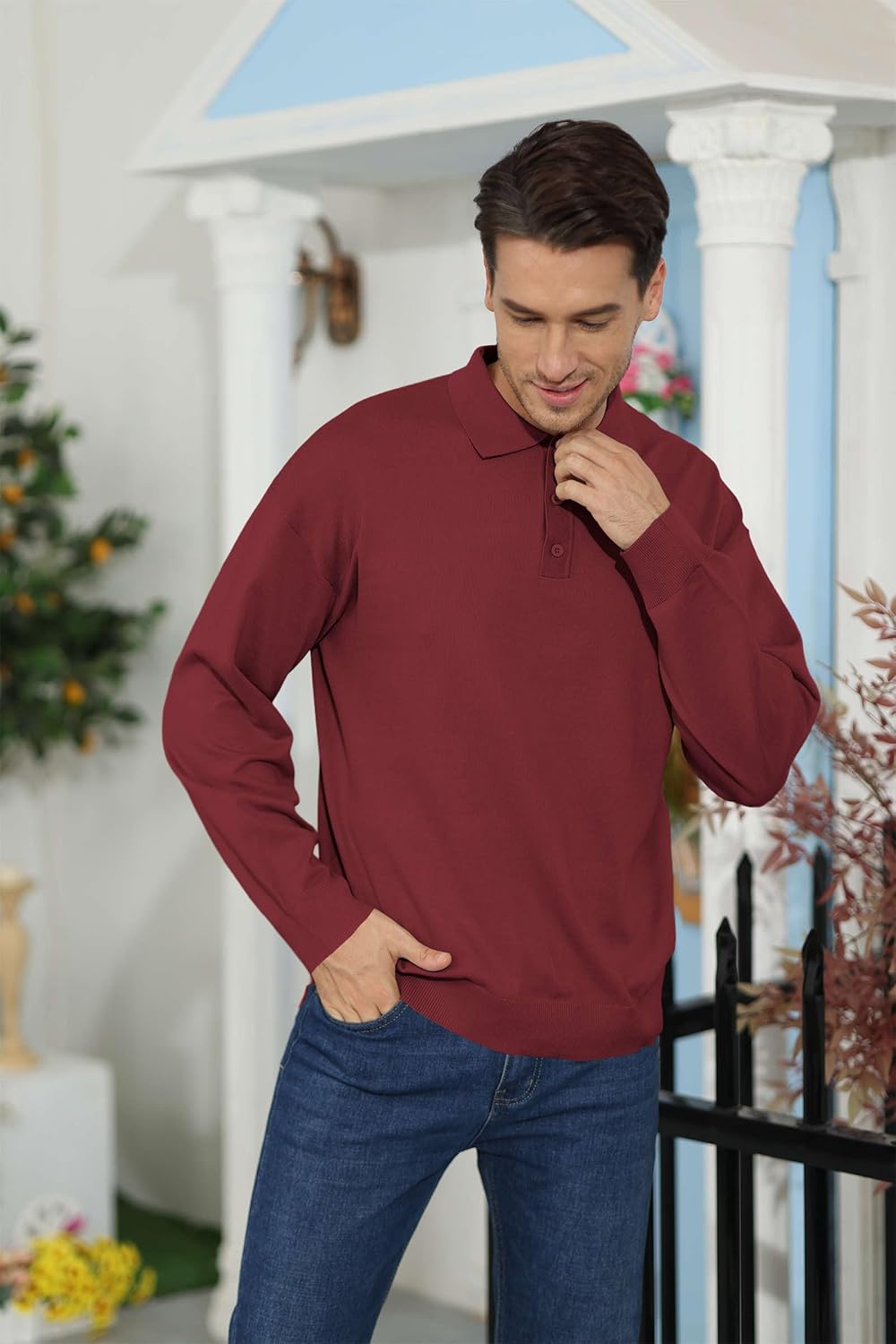 Mens Casual Knit Polo Shirt Classic Long Sleeve Thermal Basic Button Down Golf Shirts - Image 4