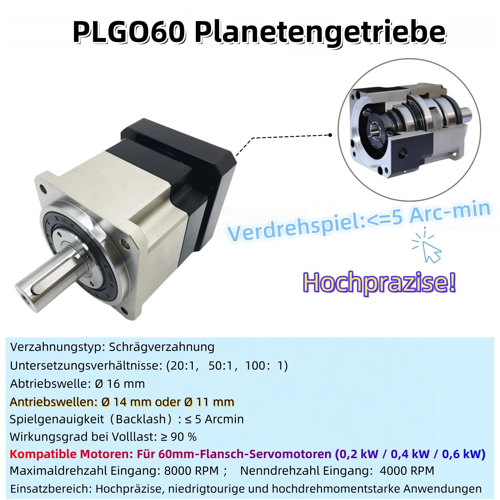 Ingranaggio planetario 100:1 – Testa di trasmissione di precisione 5 Arcmin gioco per servomotori da 200 W/400 W 60 mm, 4000 giri/min, albero di ingresso Ø14 mm, riduttore ad alte