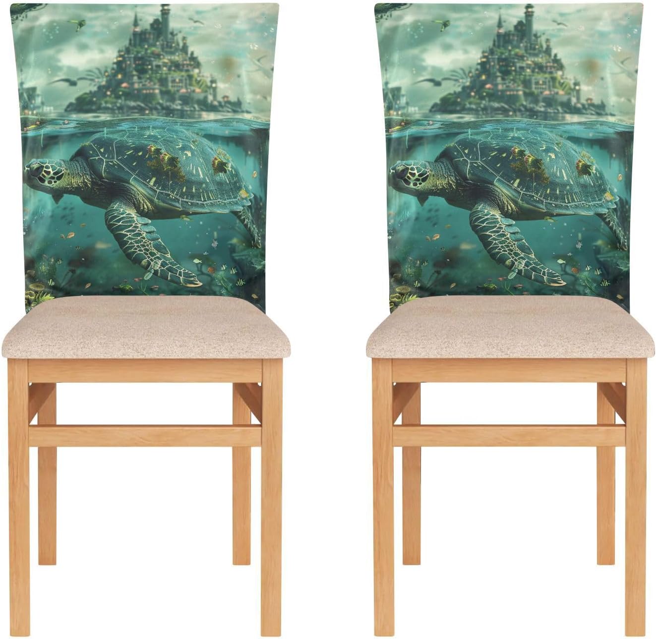 ALAZA Vintage Turtle on Fantasy Lanscape Chair Back Cover Set of 6, Washable Reusable Removable Chair Slipcovers Decorative Chair Cover for Home Kitchen Wedding Party