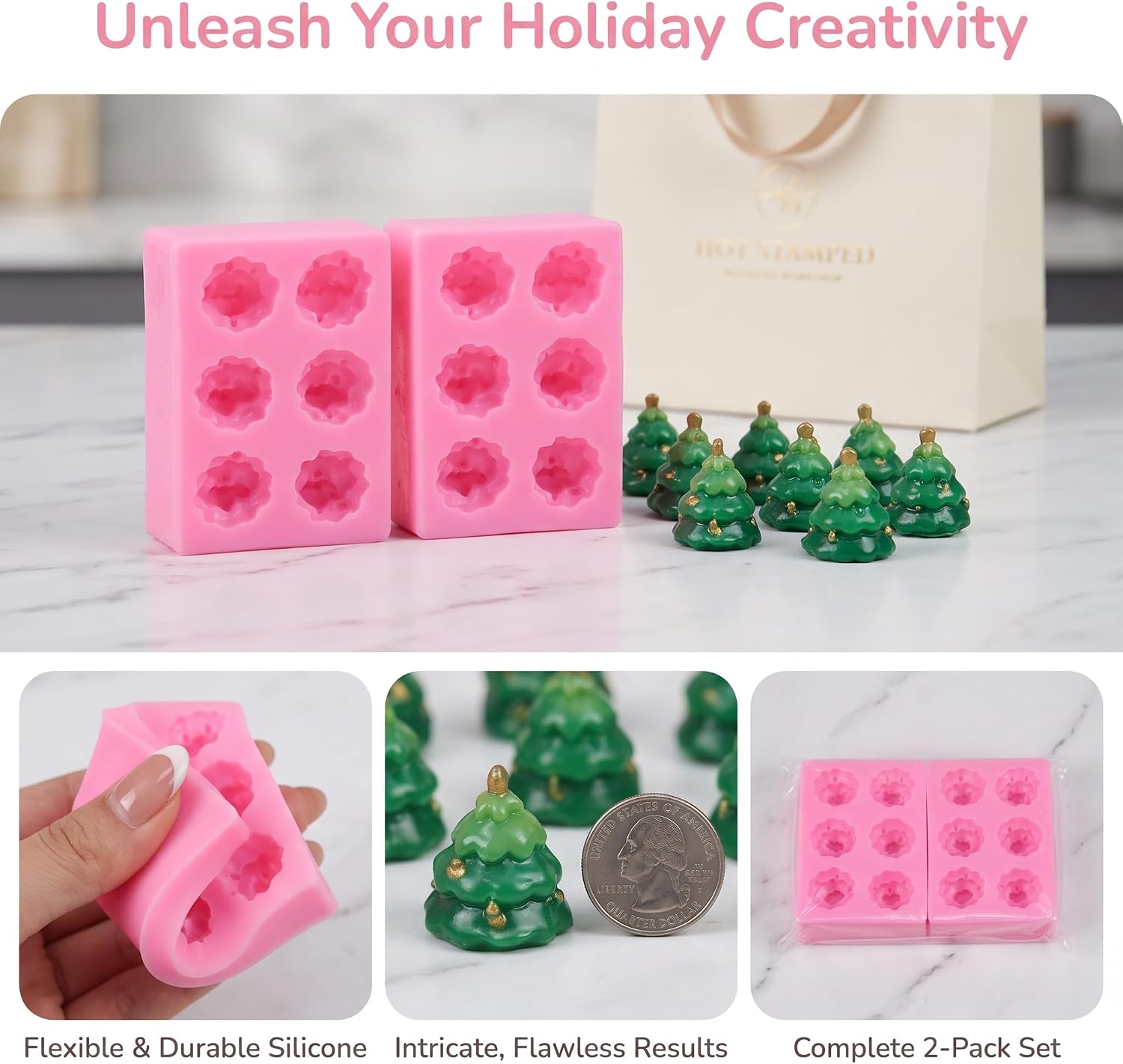 2 Pack Christmas Tree Silicone Molds, 6-Cavity Mini Pink Christmas Tree Mold, Food Grade Silicone Molds for Chocolate, Candy, Ice Cube, Candle, Soap, DIY Christmas Baking Craft Decorations