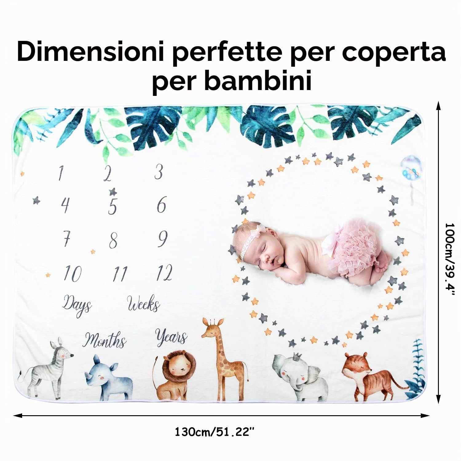 Coperta mensile per bambini, motivo pietra miliare per bambini, unisex, per immagini, leone, giraffa e zebra, con 4 cornici in feltro, Natale, nuove mamme e la crescita dell'età (101.6 x 127 cm)