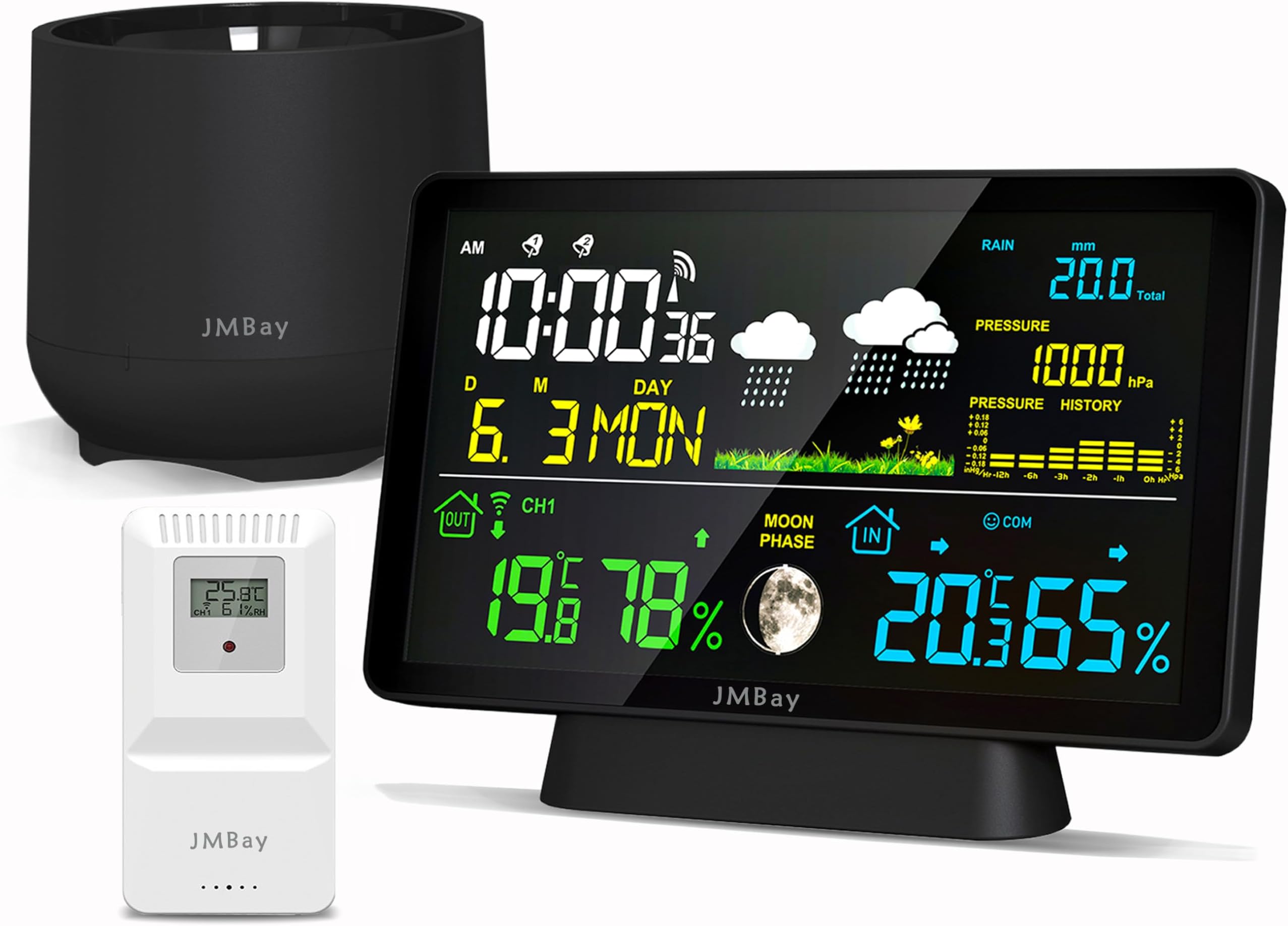 Weather station wireless indoor outdoor with rain gauge, Home Weather Station with Digital Rain Gauge, Thermometer, Atomic Clock, Humidity Monitor, Moon Phase, Weather Forecast and Barometric Pressure