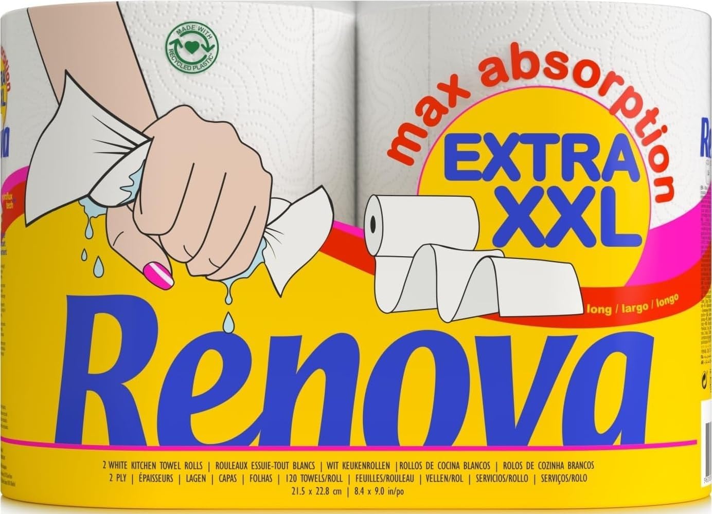 Renova Essuie-tout Extra XXL 2 plis blanc, 1 rouleau XXL = 3 rouleaux standard, 2 rouleaux