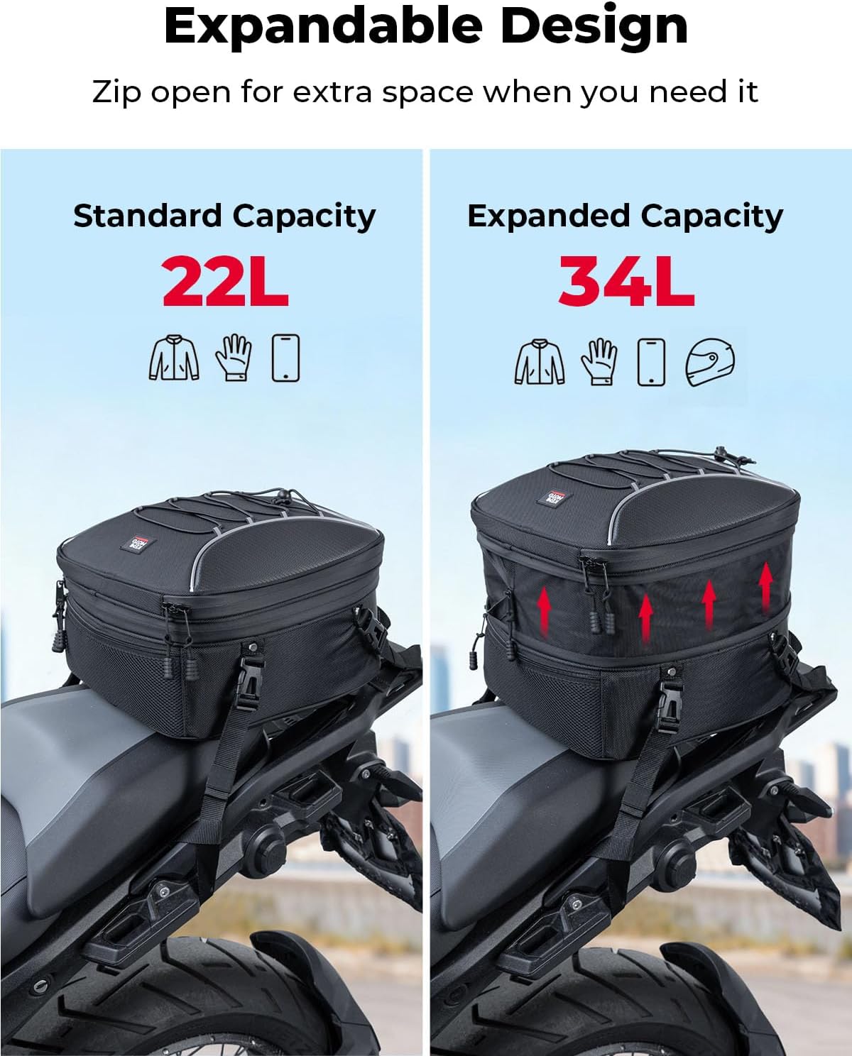 KEMIMOTO Motorcycle Tail Bag, 22L-34L Expandable Large Capacity Motorbike Seat Bag with 9.5L Removable Cooler Bag, Waterproof Rear Rack Bag with Quick-Release Straps for Touring, Camping and Picnics