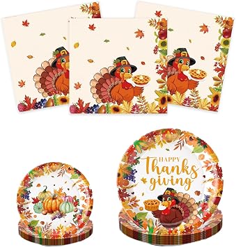 Thanksgiving Plates & Napkins Set Fall Turkey & Maple Leaf Pumpkin Disposable Dinnerware Autumn Harvest Party Supplies for 16 Guests
