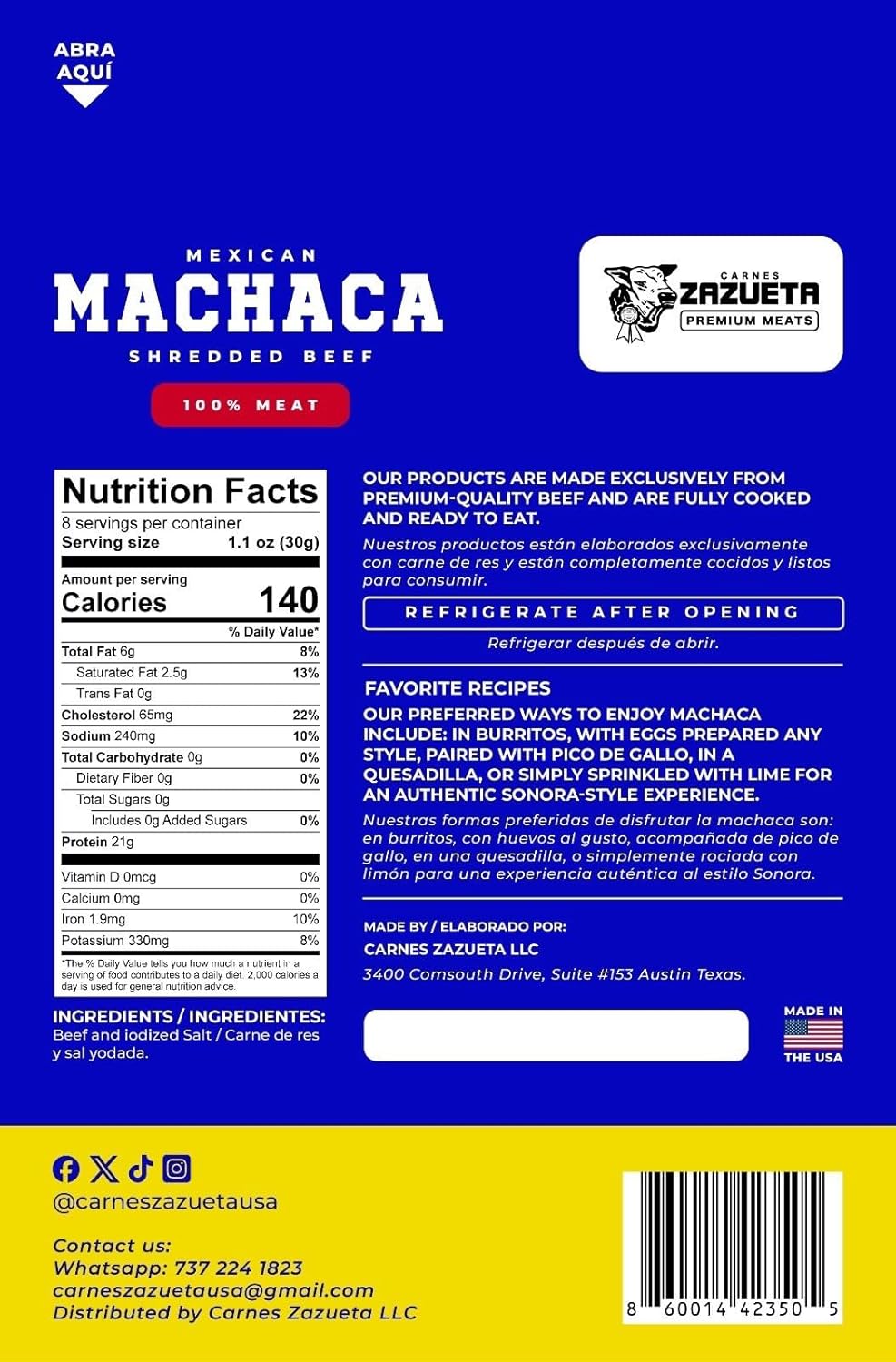 Carne Seca MACHACA Sonora Style Dried Meat, Shredded Beef Jerky (8.8 oz (250g))