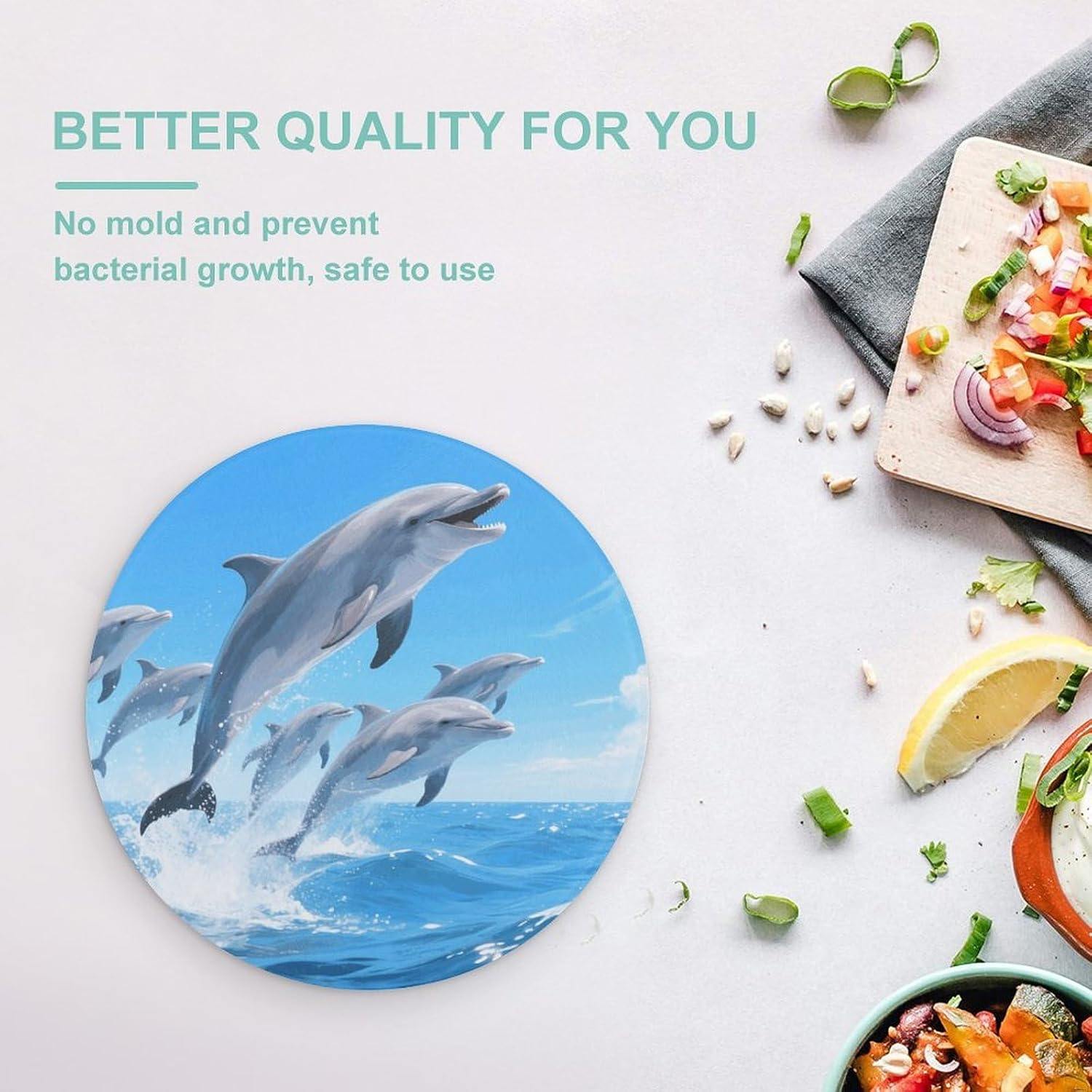 Dolphins Tempered Glass Cutting Board Sturdy Chopping Block Personalized Large Butcher Block Lightweight Round Chopping Mat for Kitchen Non Slip