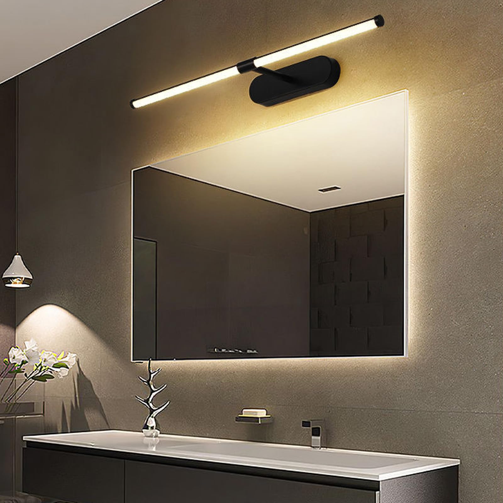 LED Spiegellampe Bad Wandlampe Wasserdicht Wandleuchte Modern Indoor Badleuchte Wandbeleuchtung Spiegelleuchte Wandleuchten Lange Aluminium für Schlafzimmer Badschrank (Schwarze-Warmes Licht,70cm)
