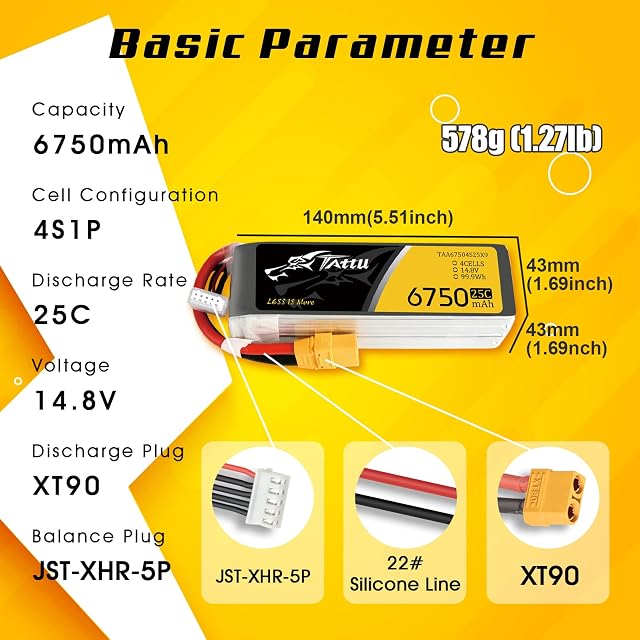 Foto 3 de 6 de Tattu 4S LiPo 6750mAh 14,8V 25C Batería con Conector XT90 para Elite y Todos los demás UAV de tamaño 550