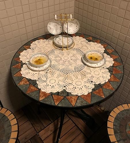 Vista 15 de Manteles redondos de encaje hechos a mano de color beige de ganchillo de algodón de 35 pulgadas.