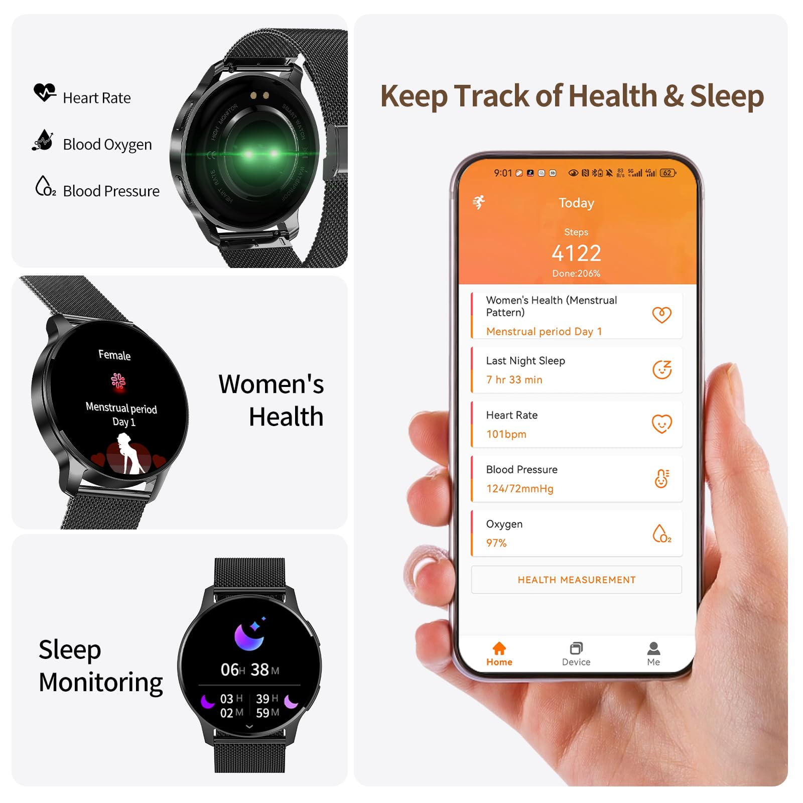 Smartwatch Damski Męski Inteligentny Zegarek Telefon 1.34" Ekran Dotykowy HD Zegarek Fitness Okrągły Wodoodporny Krokomierz Monitor Cykl Menstruacyjny Prezenty Android IOS [3 Paski]